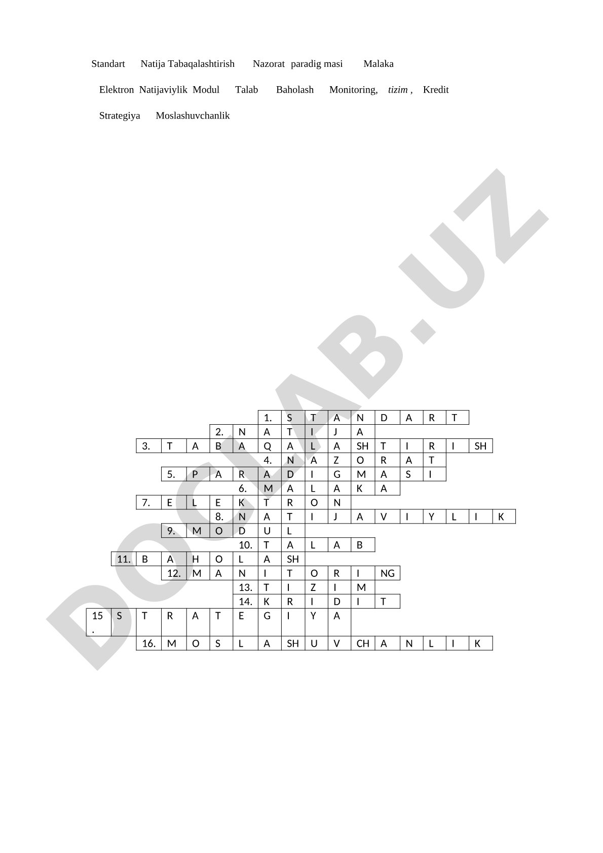 Standart, natija, tabaqalashtirish, nazorat, paradigma, malaka, elektron, natijaviylik, modul, talab, baholash, monitoring, tizim, kredit, strategiya, moslashuvchanlik