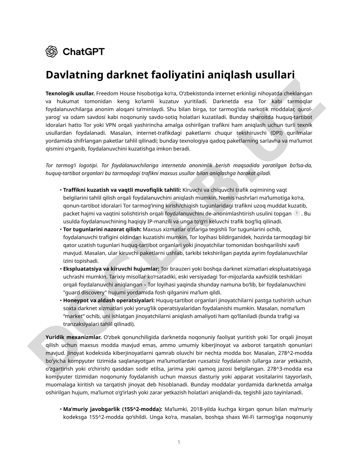 Davlatning darknet faoliyatini aniqlash usullari