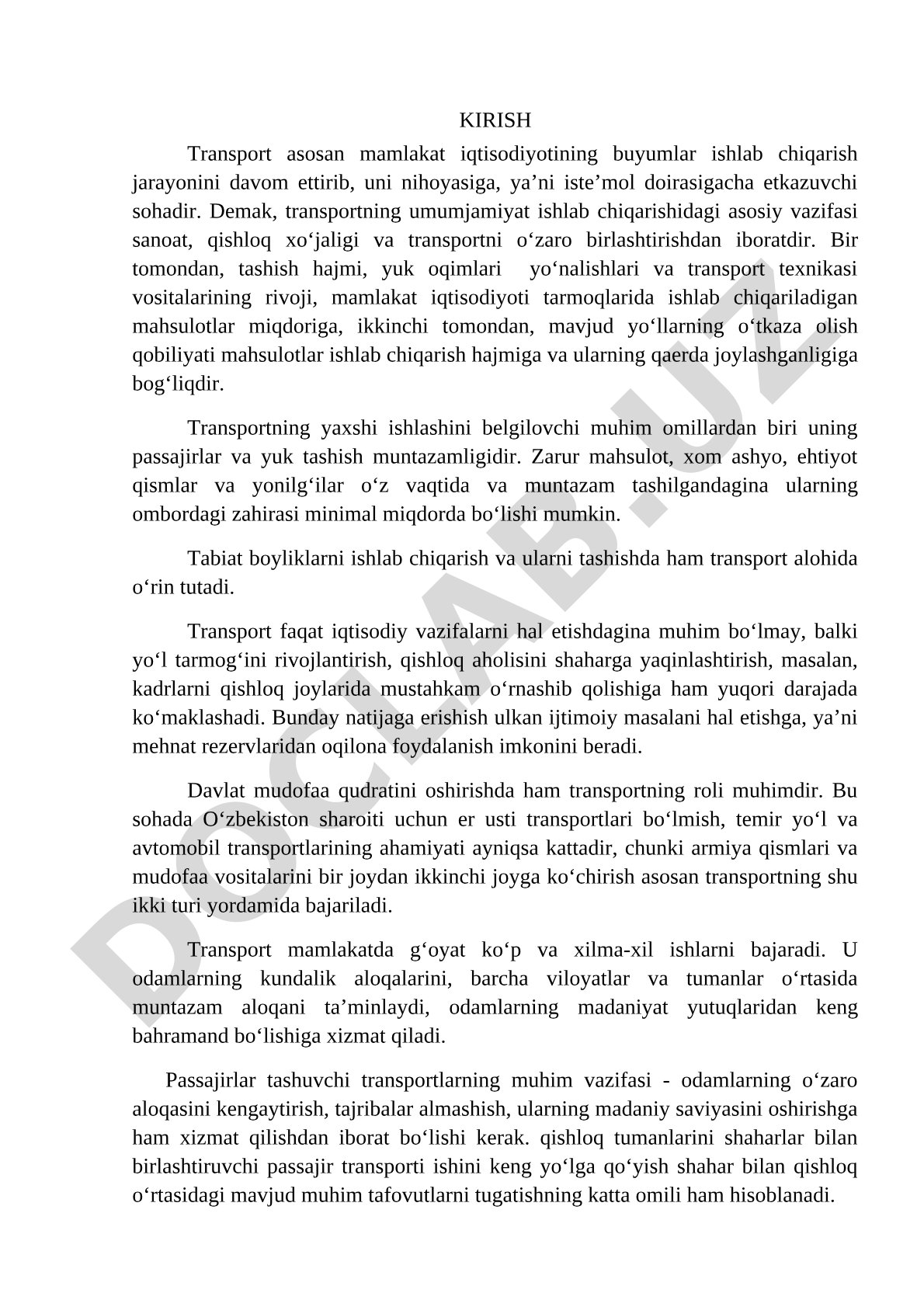 Transportning iqtisodiyotdagi o'rni va vazifalari