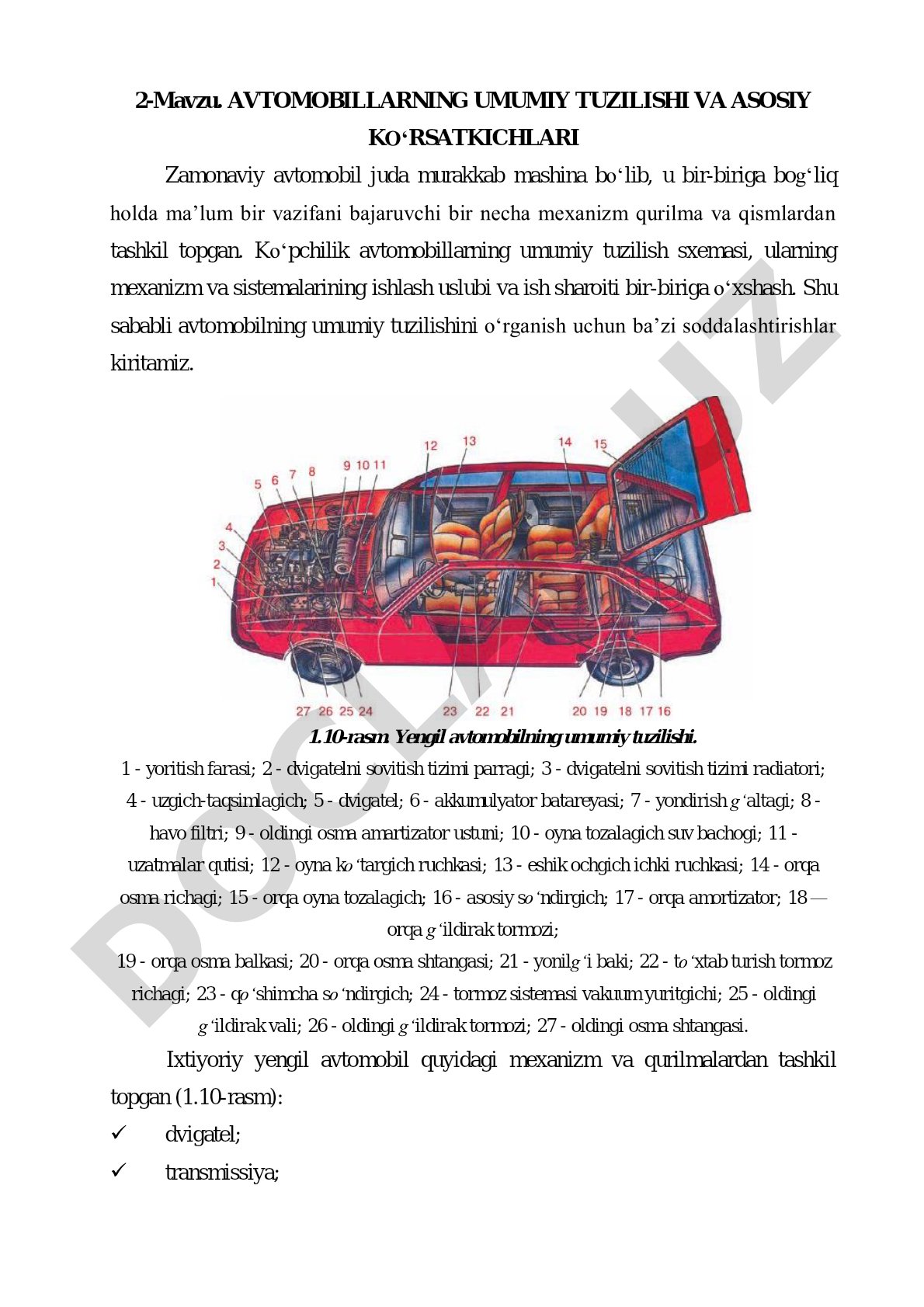 Avtomobillarning umumiy tuzilishi va asosiy ko‘rsatkichlari