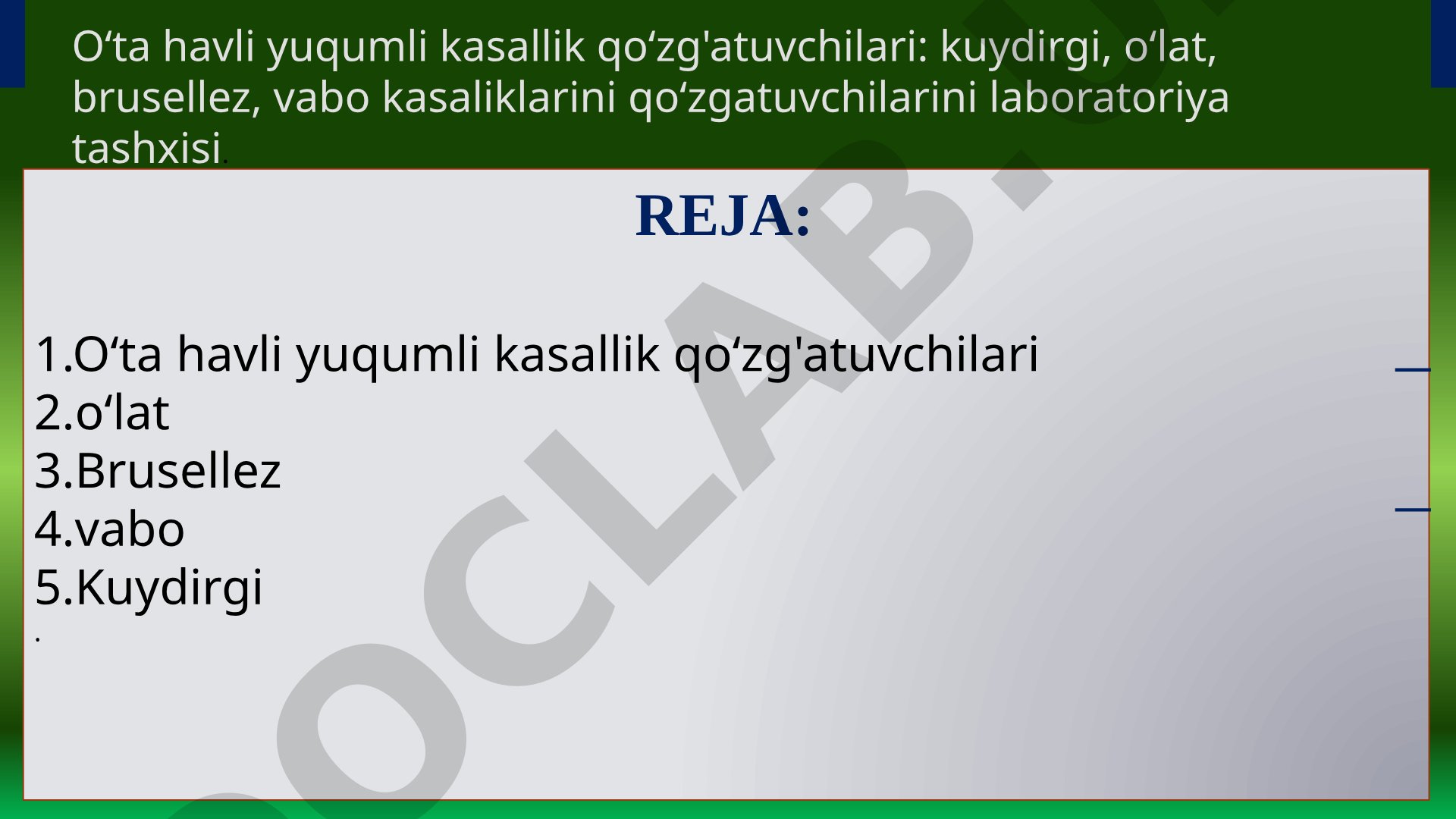 Oʻta havli yuqumli kasallik qoʻzg'atuvchilari: oʻlat, brusellez, vabo, kuydirgi