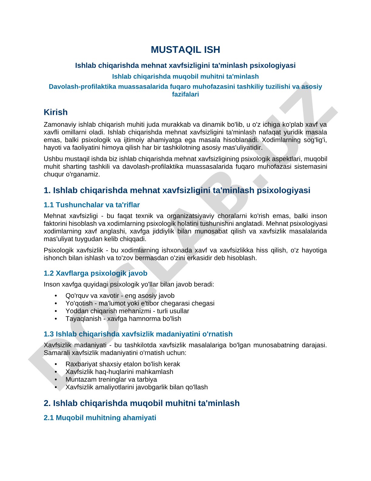 Ishlab chiqarishda mehnat xavfsizligini ta'minlash psixologiyasi