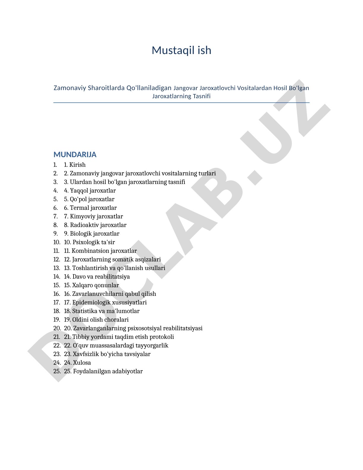 Zamonaviy Sharoitlarda Qo'llaniladigan Jangovar Jaroxatlovchi Vositalardan Hosil Bo'lgan Jaroxatlarning Tasnifi