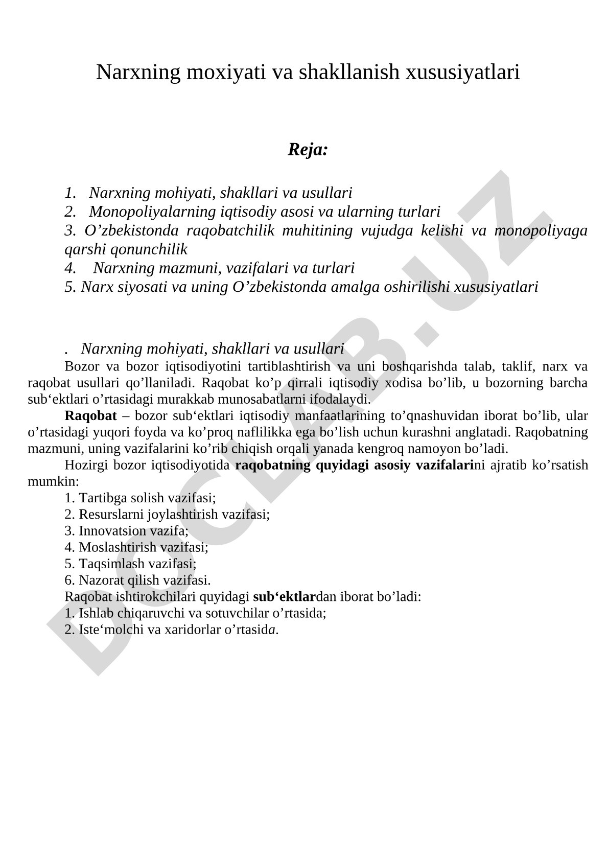 Narxning mohiyati va shakllanish xususiyatlari