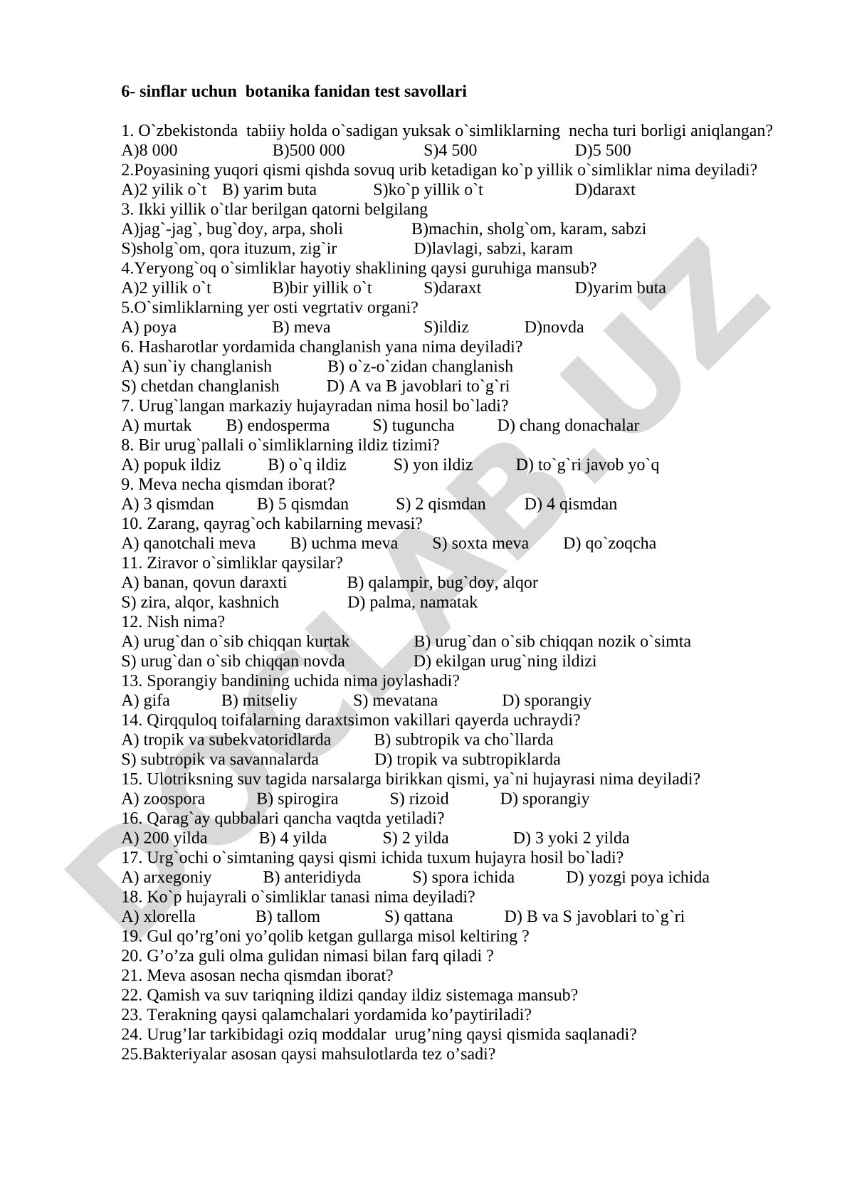 6-sinflar uchun botanika fanidan test savollari