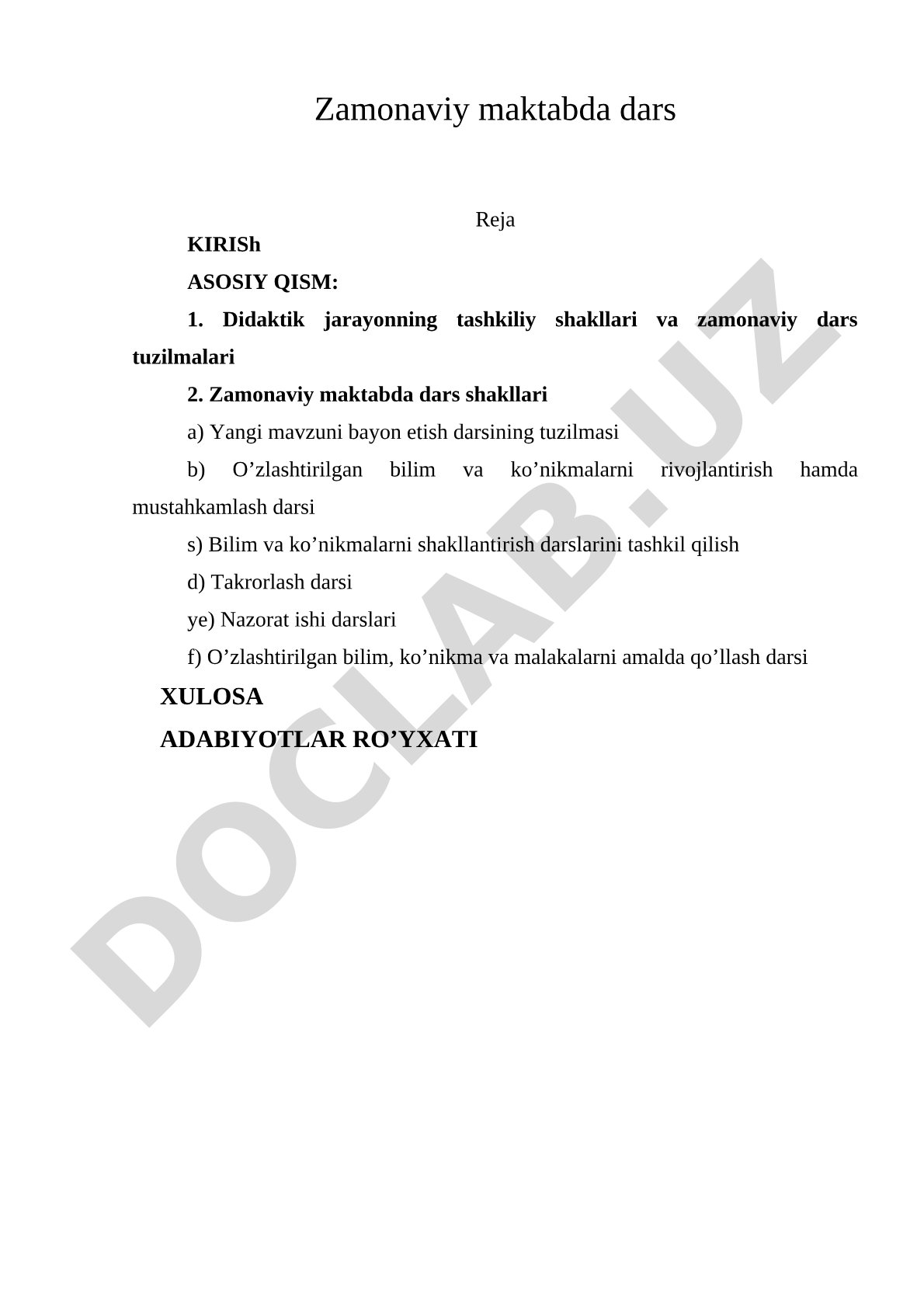 Zamonaviy maktabda dars tuzilmalari va shakllari