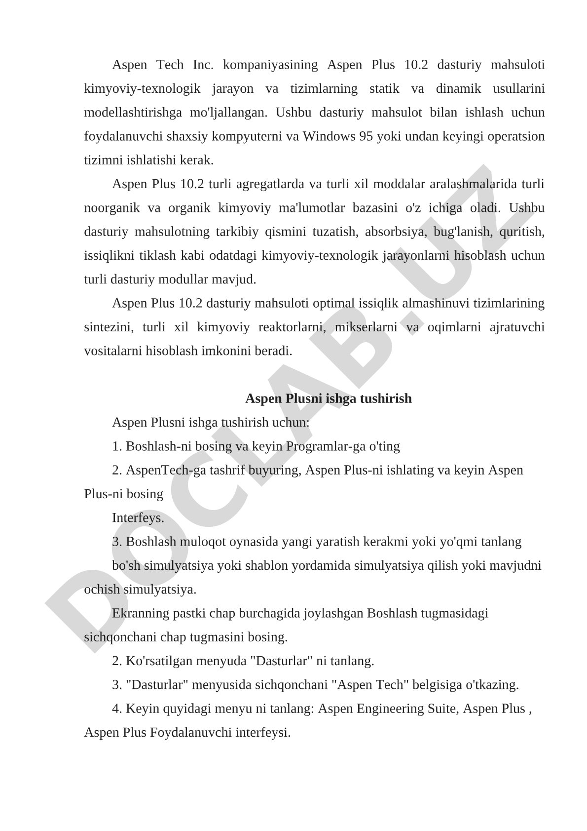 Aspen Plus 10.2 dasturiy mahsuloti kimyoviy-texnologik jarayonlarni modellashtirish