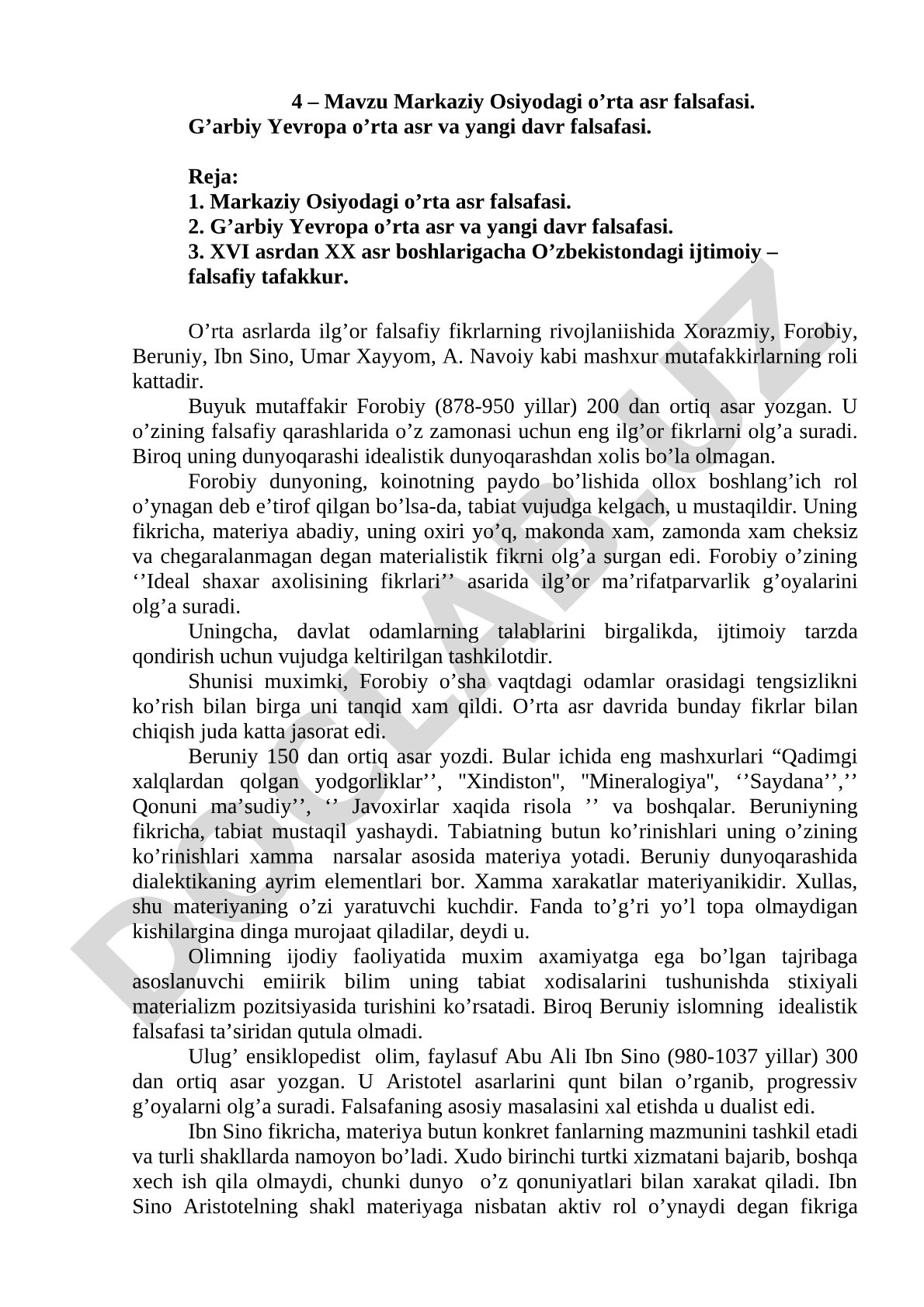 Markaziy Osiyodagi o'rta asr falsafasi. G'arbiy Yevropa o'rta asr va yangi davr falsafasi