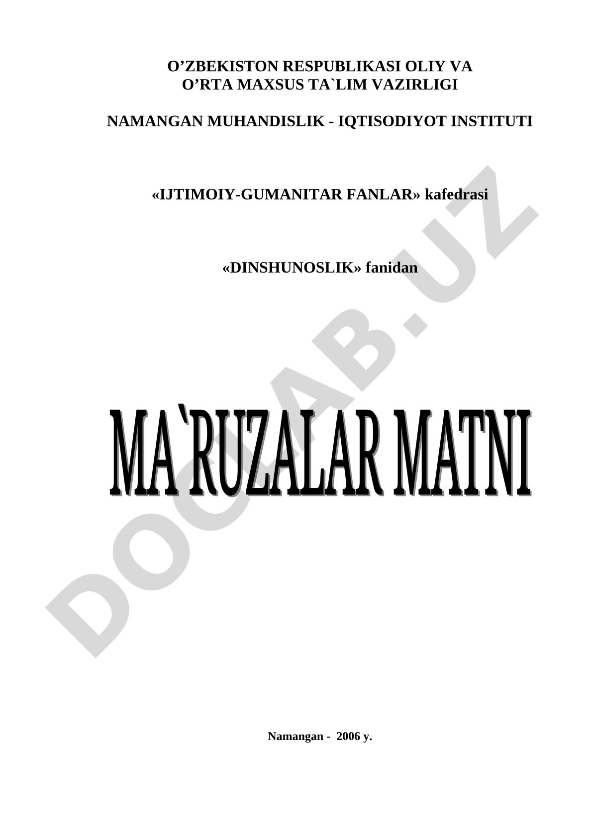 Dinshunoslik fanidan ma'ruzalar matni