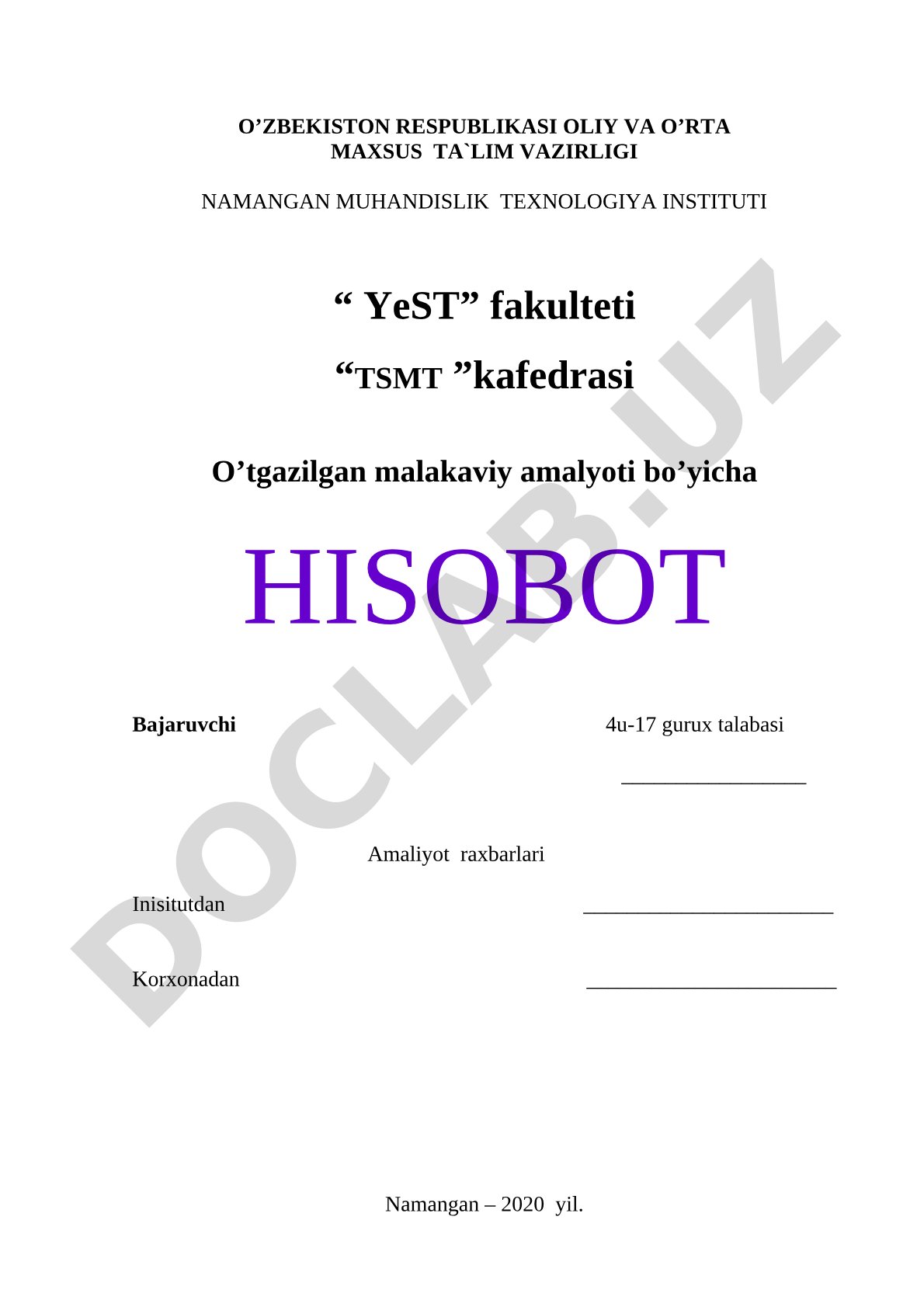 Malakaviy amaliyot bo'yicha hisobot