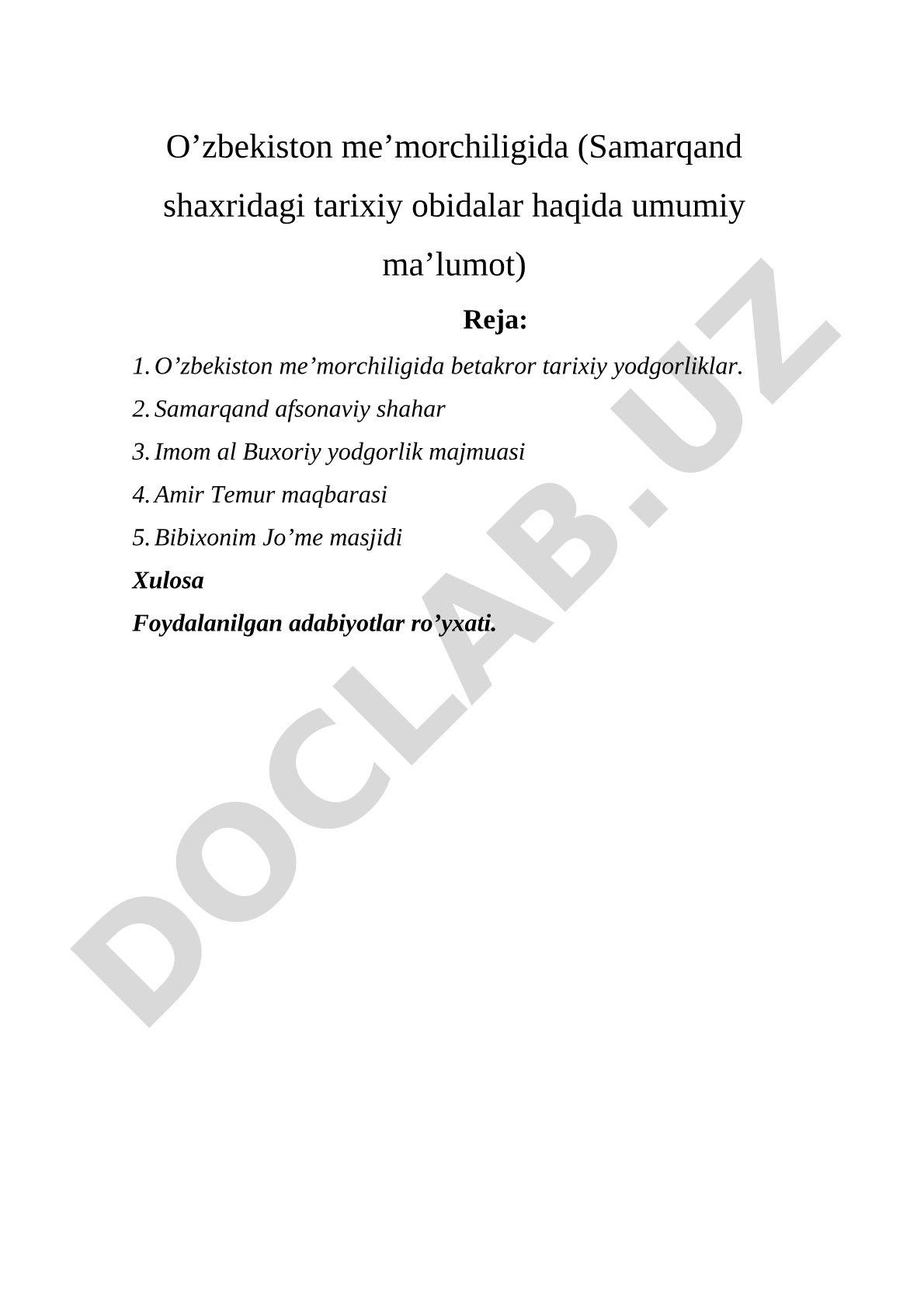O'zbekiston me'morchiligida Samarqand shahridagi tarixiy obidalar