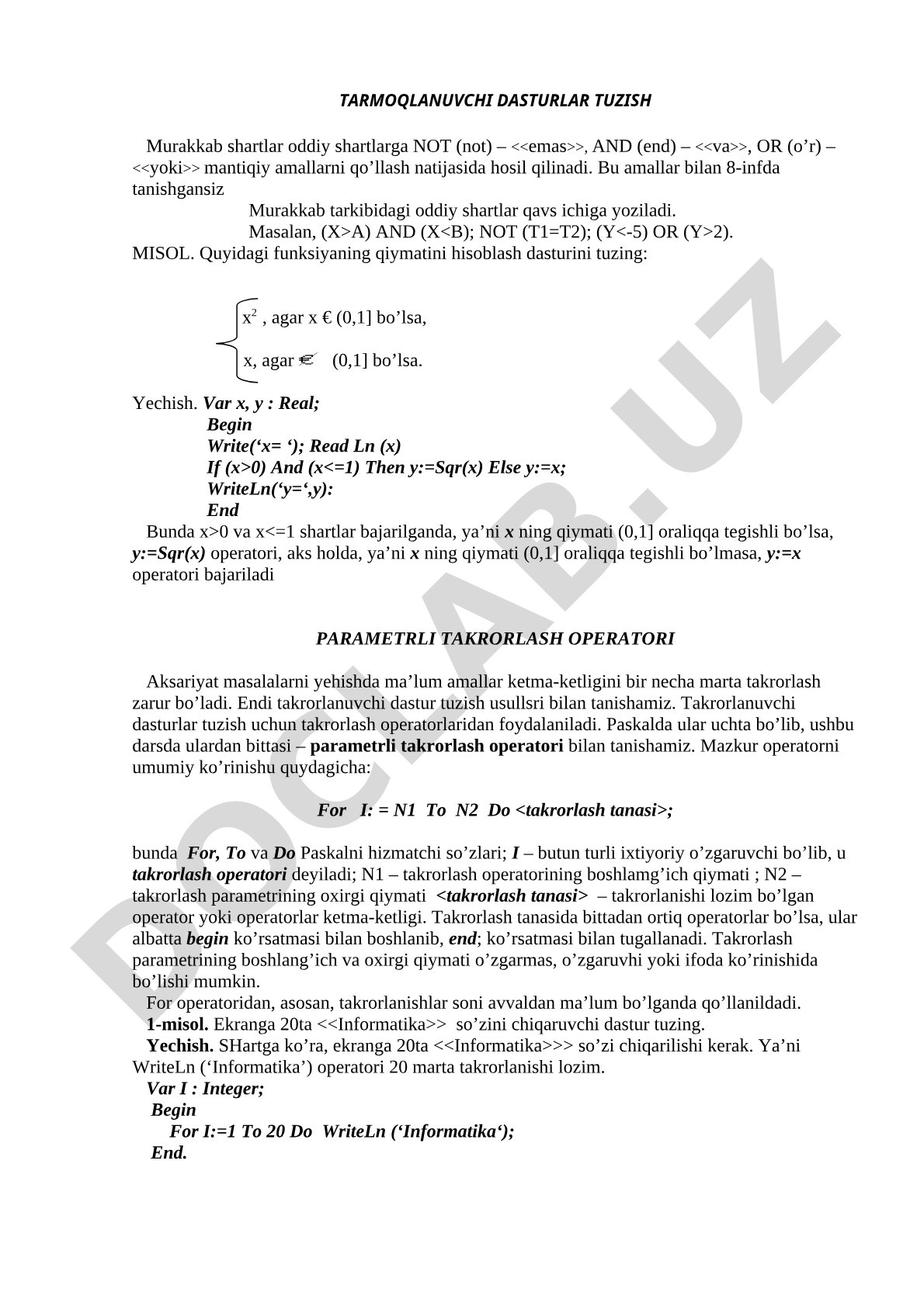 Tarmoqlanuvchi va parametrli takrorlash operatorlari