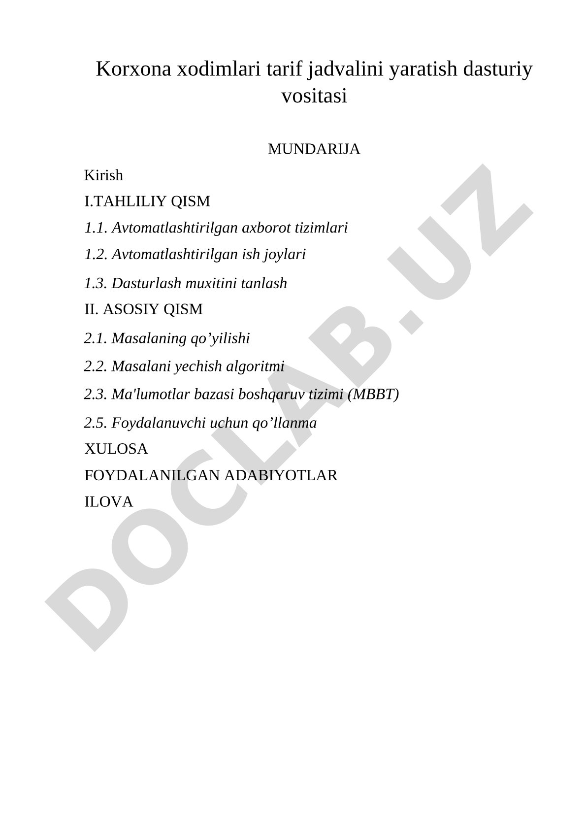 Korxona xodimlari tarif jadvalini yaratish dasturiy vositasi