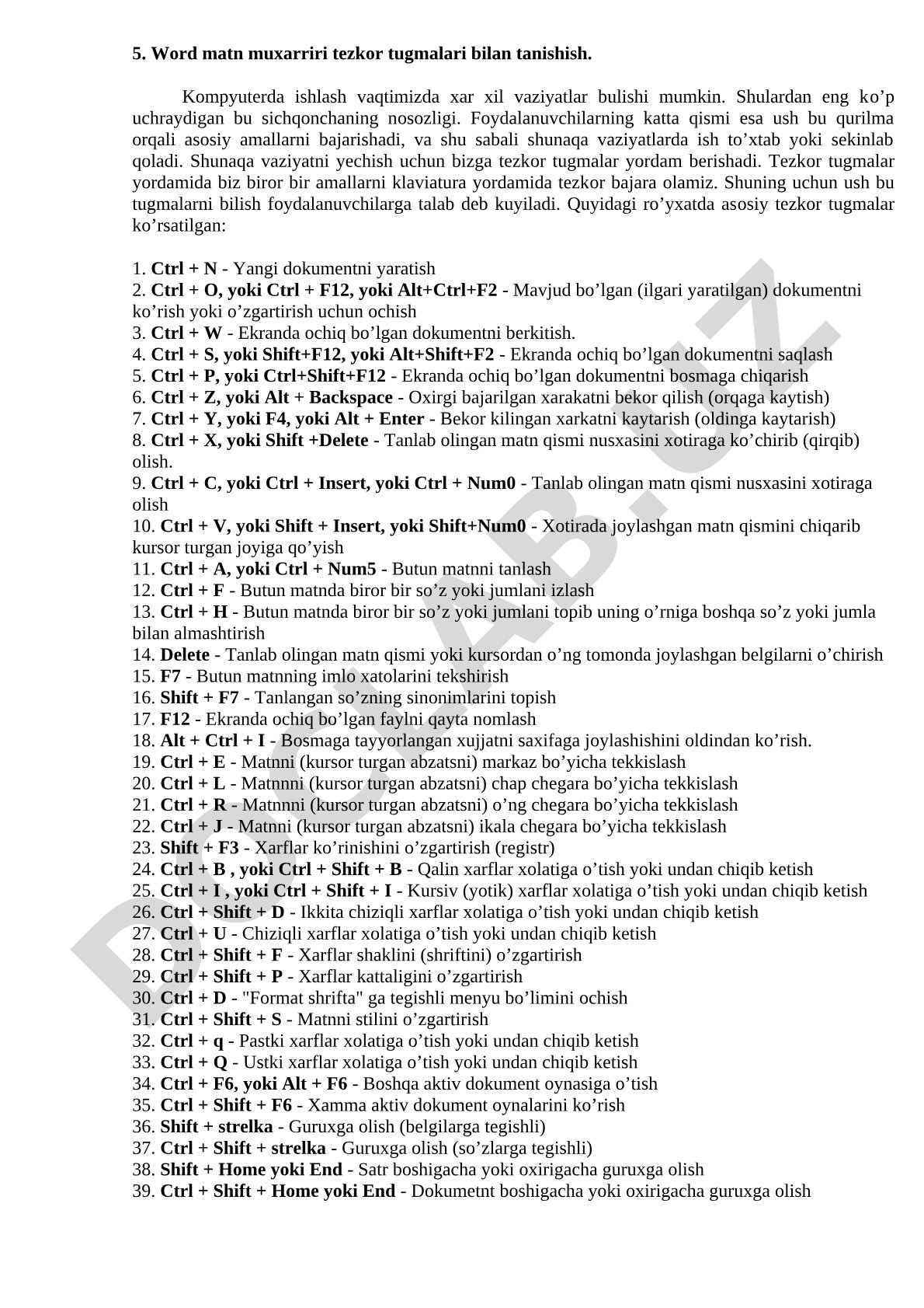 Word matn muxarriri tezkor tugmalari bilan tanishish