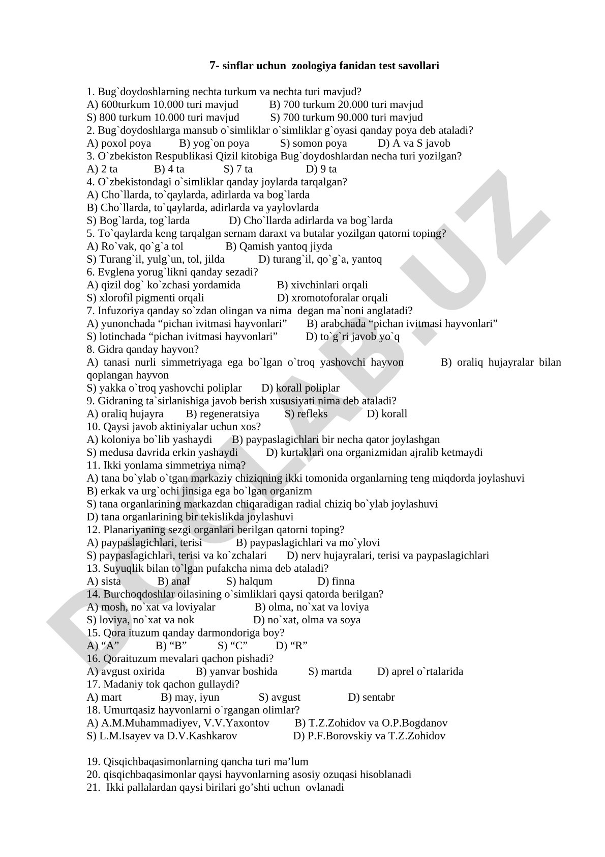 7-sinflar uchun zoologiya fanidan test savollari
