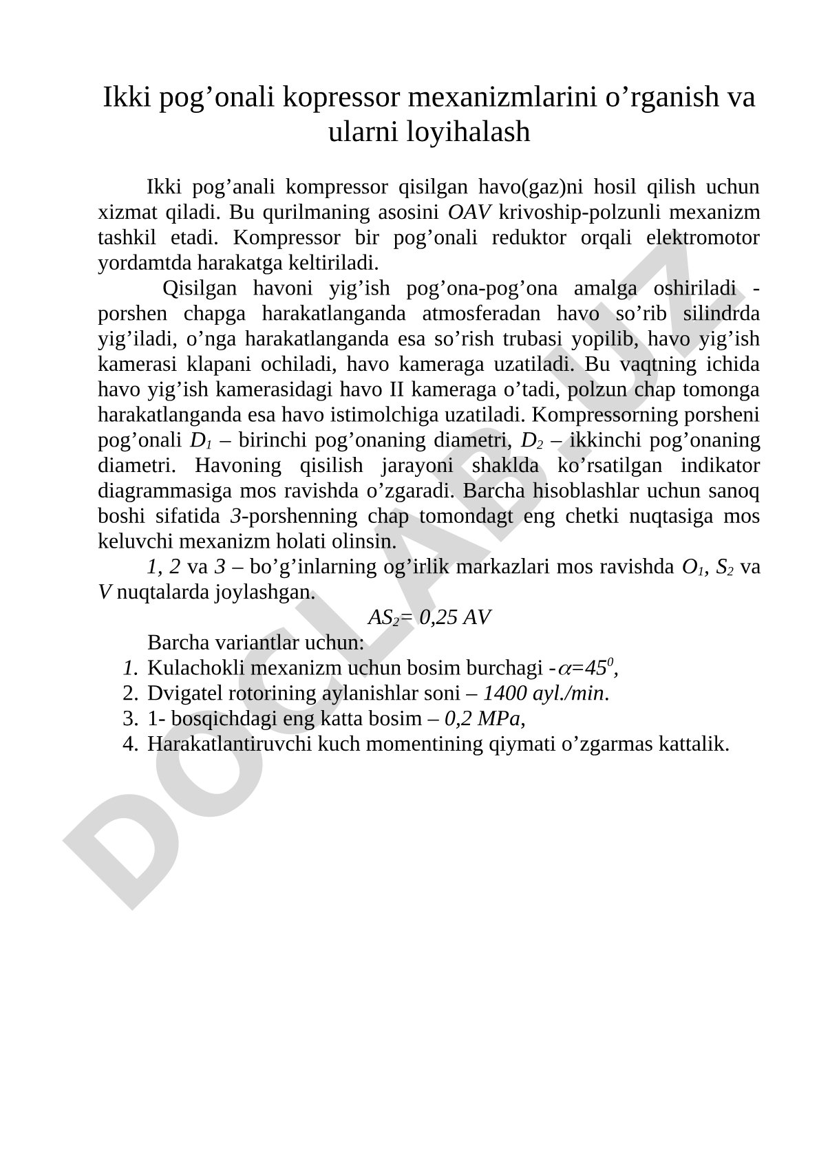 Ikki pog'onali kompressor mexanizmlarini o'rganish va loyihalash