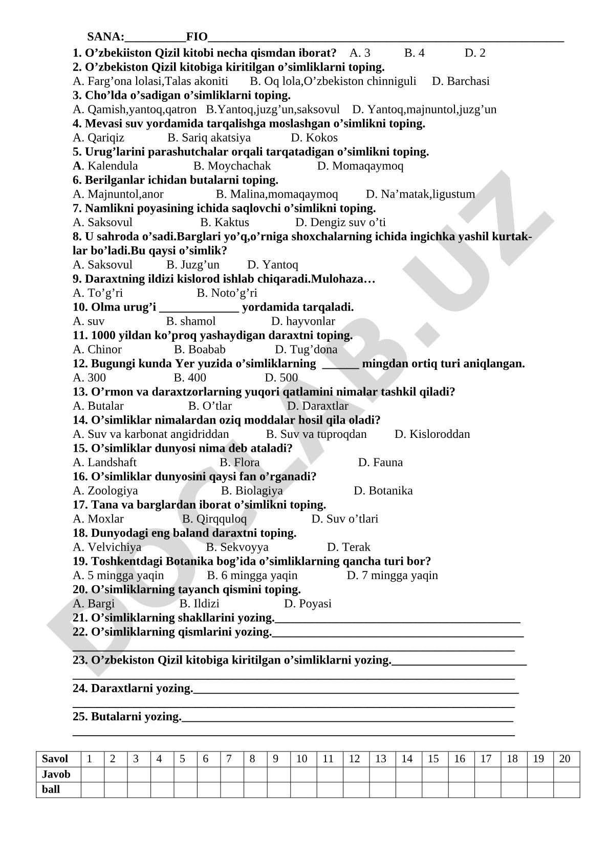 O'zbekiston Qizil kitobi va o'simliklar haqida test savollari