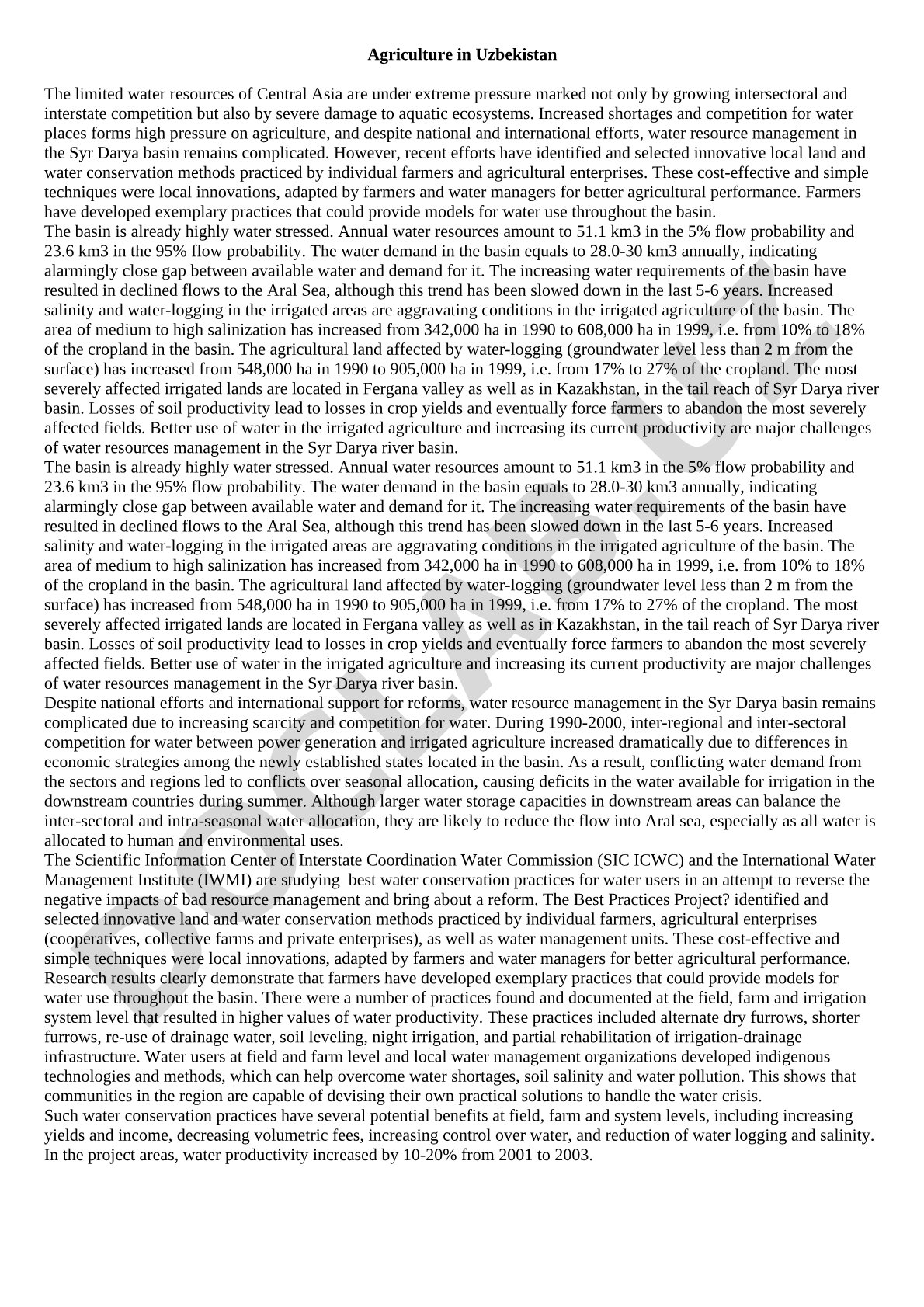 Agriculture in Uzbekistan and Water Resource Management in the Syr Darya Basin