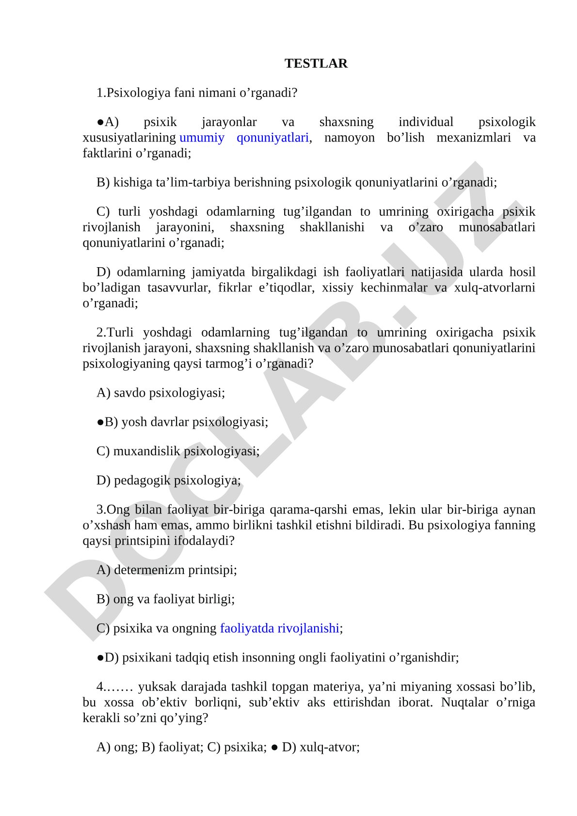 Psixologiya fanidan testlar