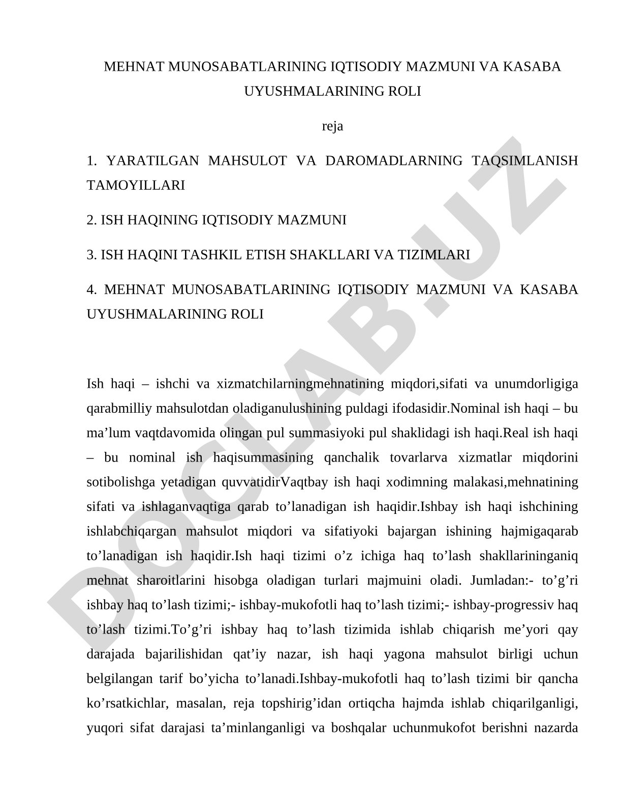 Mehnat munosabatlarining iqtisodiy mazmuni va kasaba uyushmalarining roli