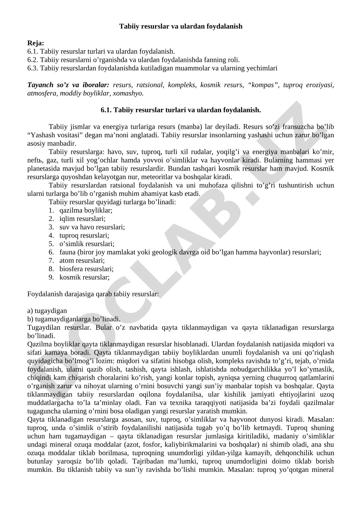 Tabiiy resurslar va ulardan foydalanish
