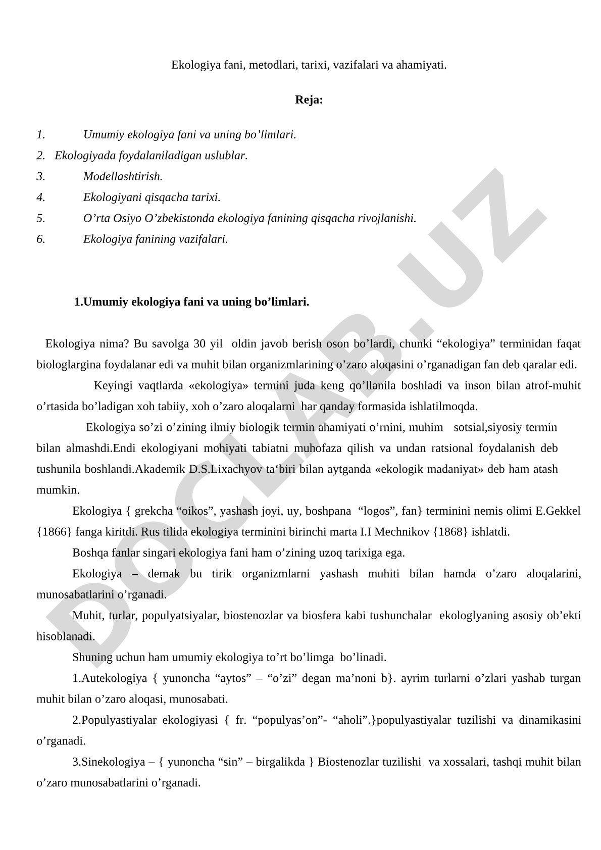 Ekologiya fani, metodlari, tarixi, vazifalari va ahamiyati