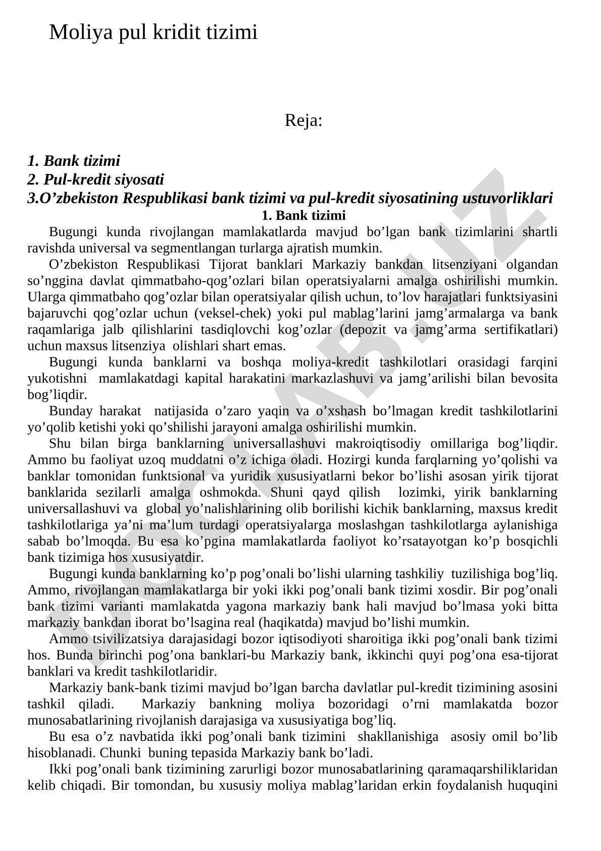 Moliya pul kredit tizimi