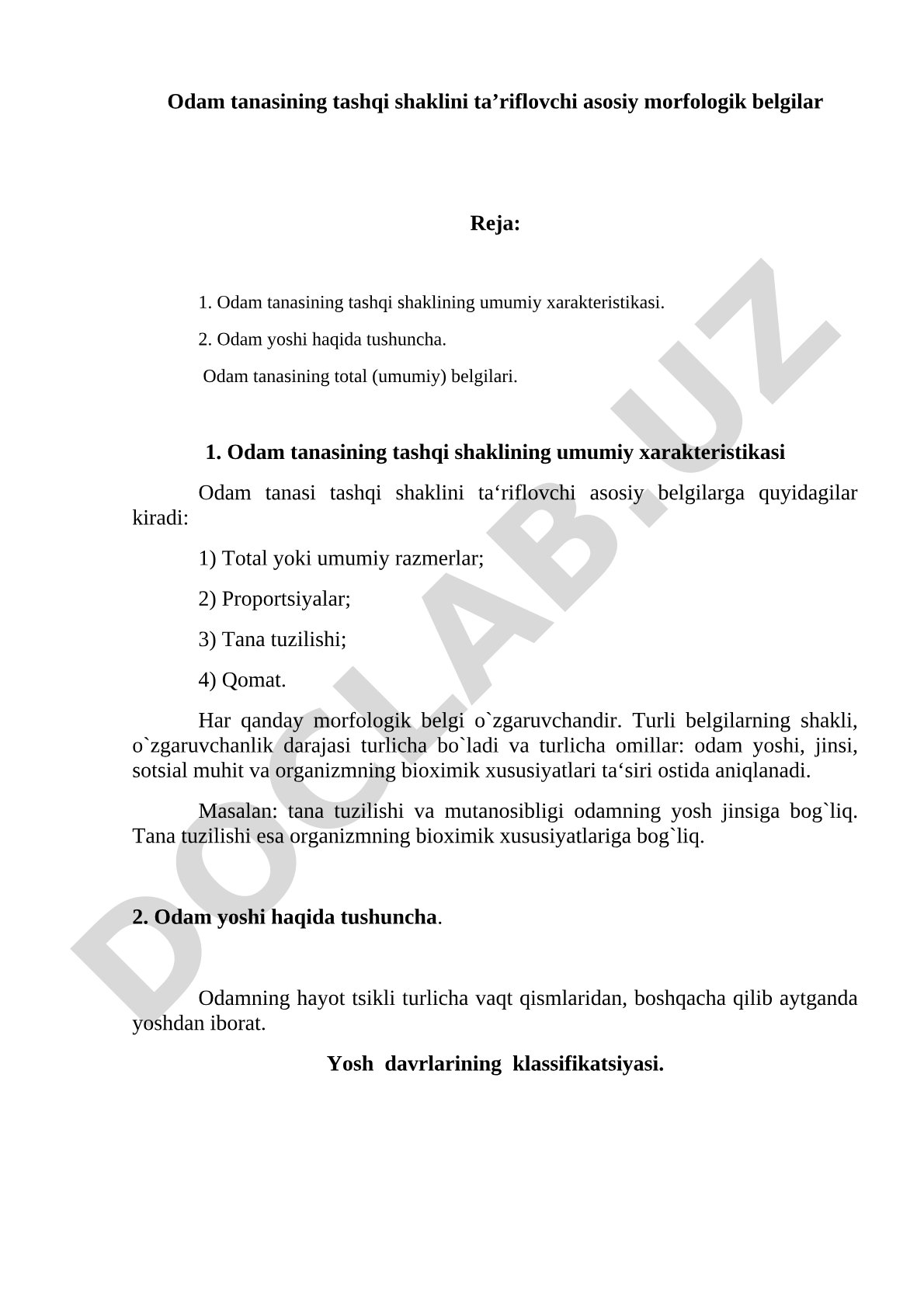 Odam tanasining tashqi shaklini ta’riflovchi asosiy morfologik belgilar