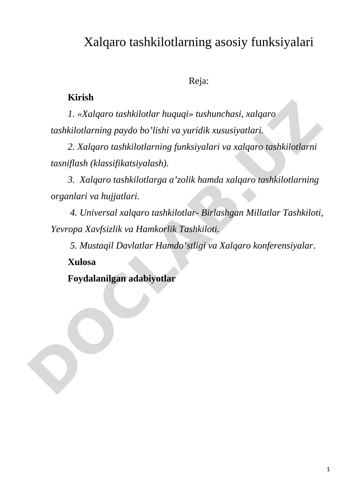 Xalqaro tashkilotlarning asosiy funksiyalari