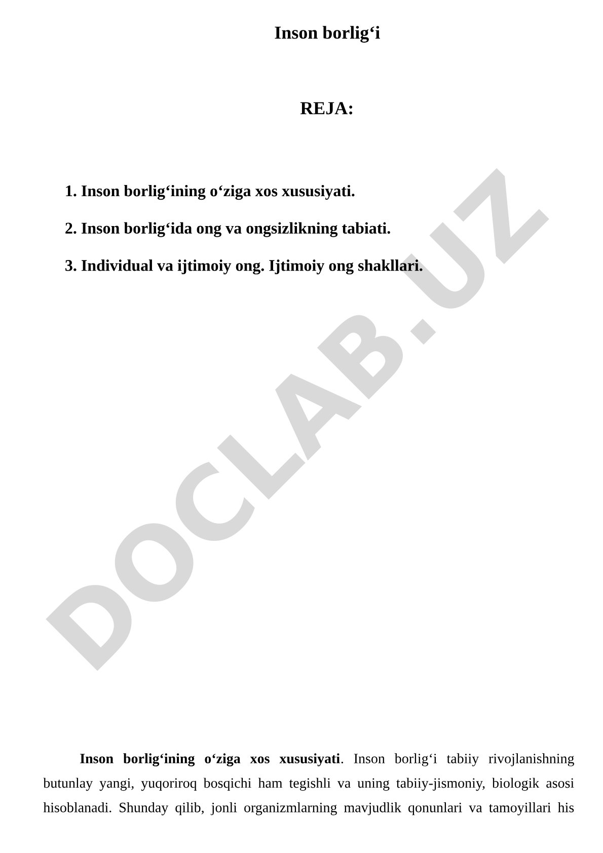Inson borlig‘ining o‘ziga xos xususiyati