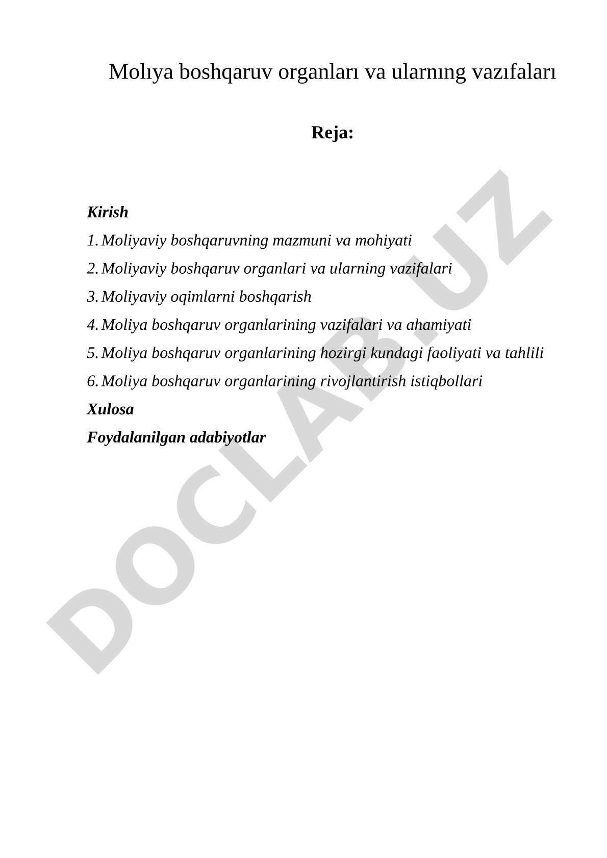 Moliya boshqaruv organlari va ularning vazifalari