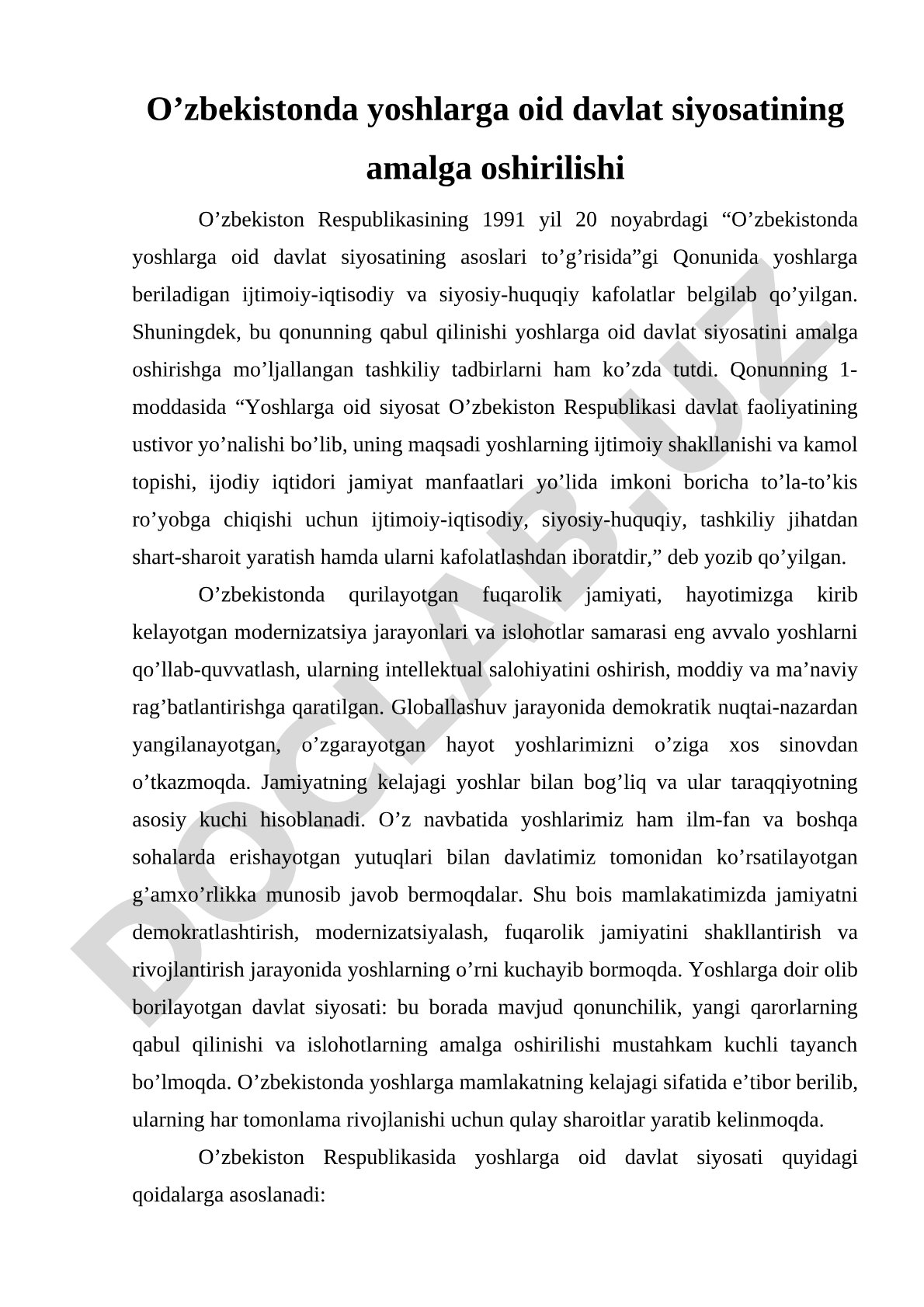 O'zbekistonda yoshlarga oid davlat siyosatining amalga oshirilishi