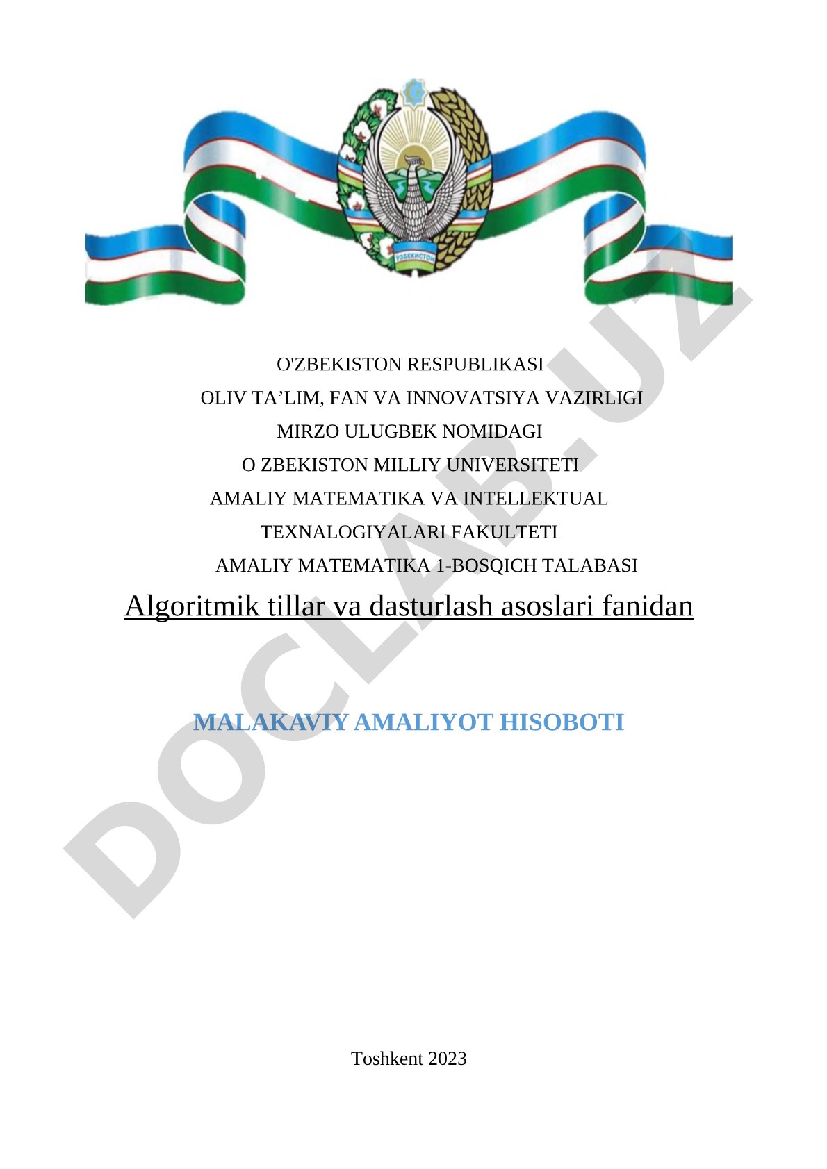 Algoritmik tillar va dasturlash asoslari fanidan malakaviy amaliyot hisoboti