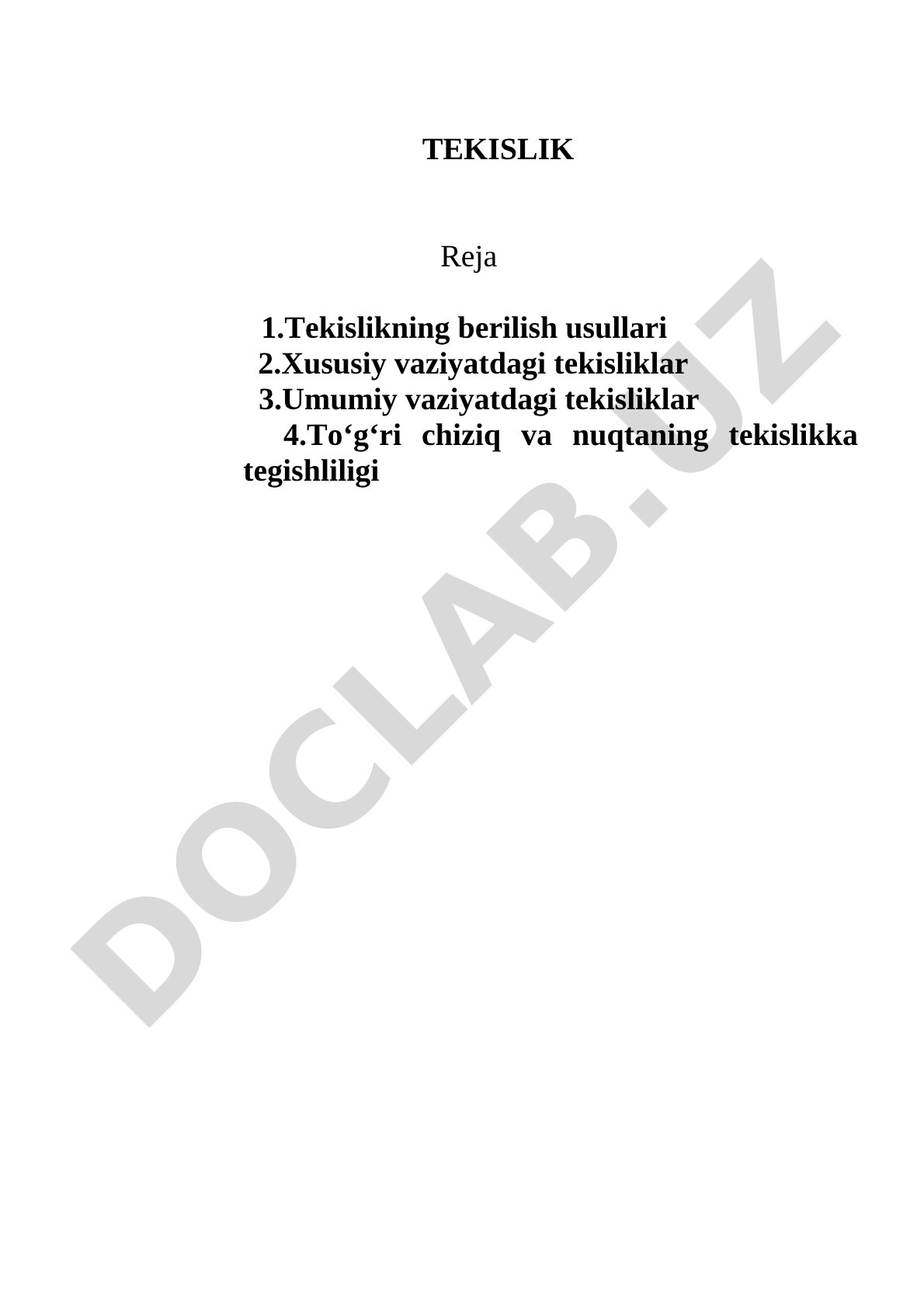 Tekislikning berilish usullari va xususiy vaziyatdagi tekisliklar
