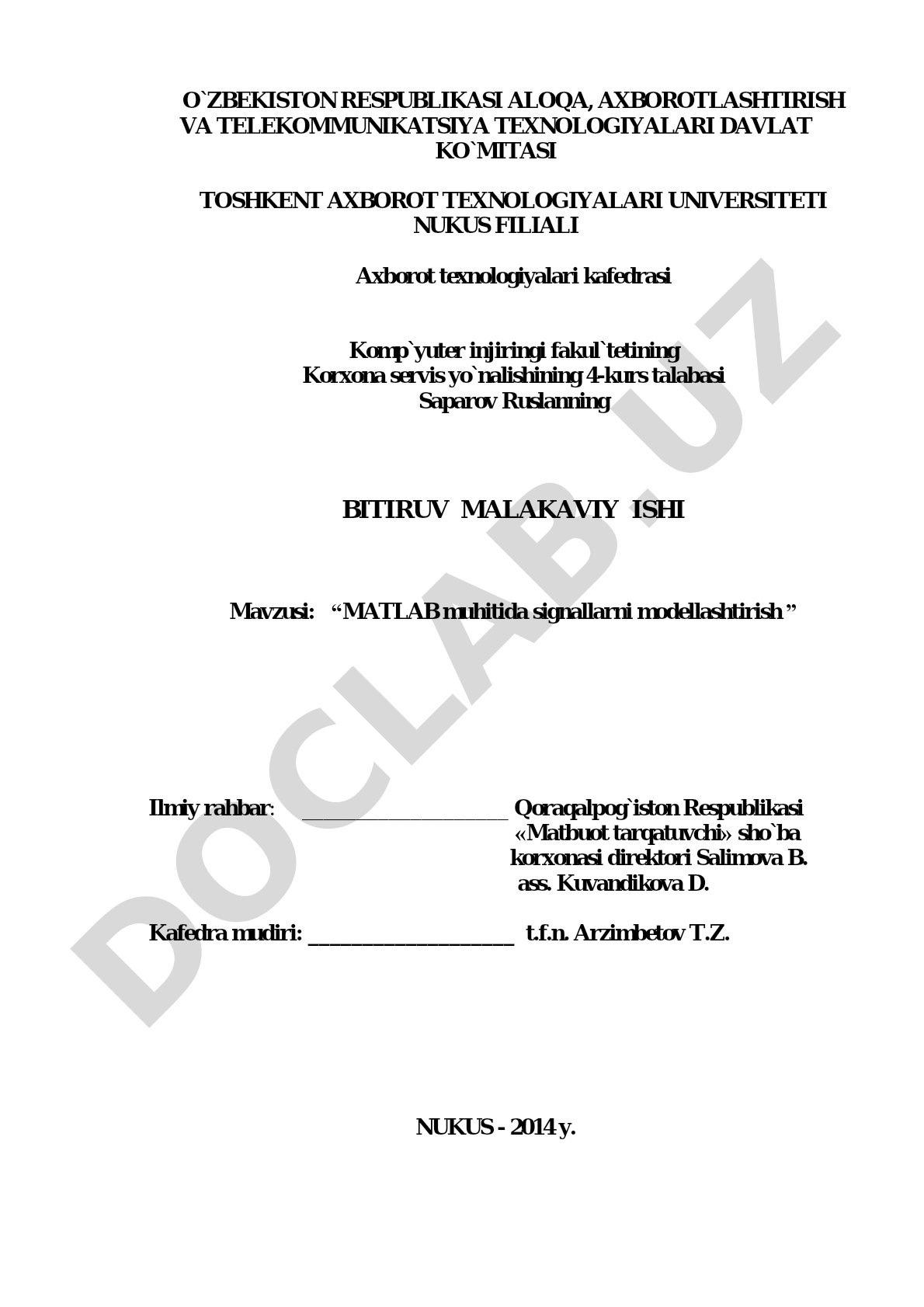 MATLAB muhitida signallarni modellashtirish