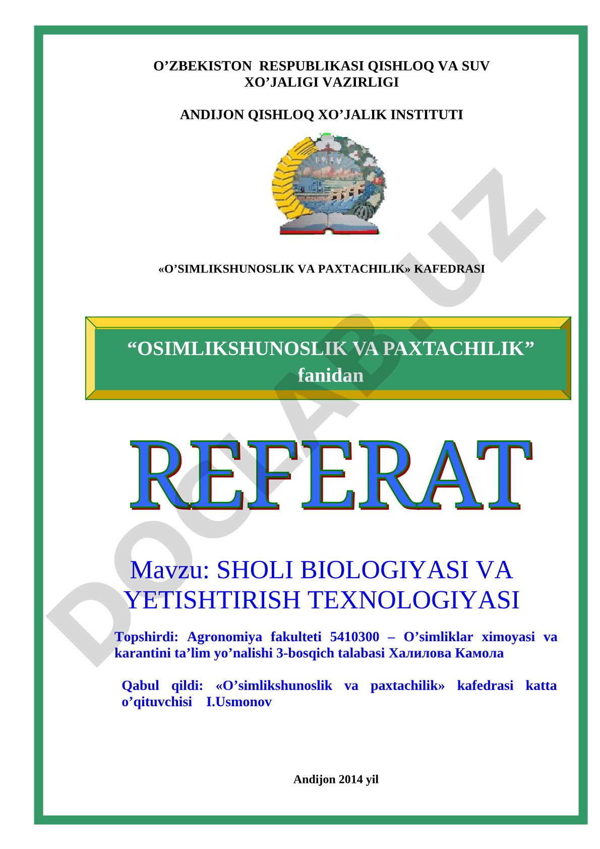 Sholi biologiyasi va yetishtirish texnologiyasi