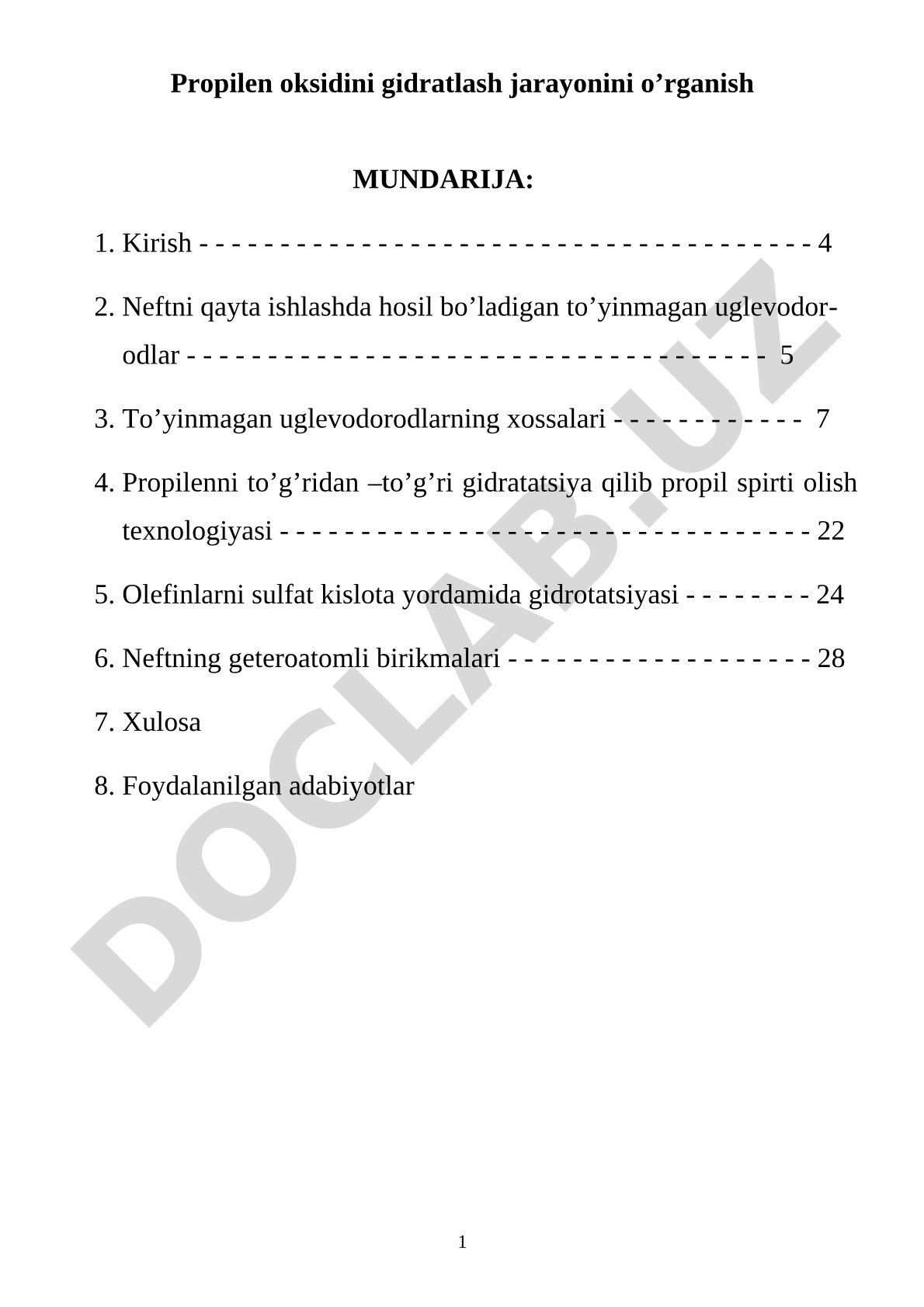 Propilen oksidini gidratlash jarayonini o'rganish