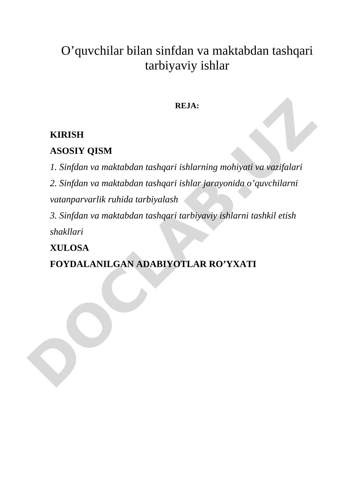 Sinfdan va maktabdan tashqari tarbiyaviy ishlar