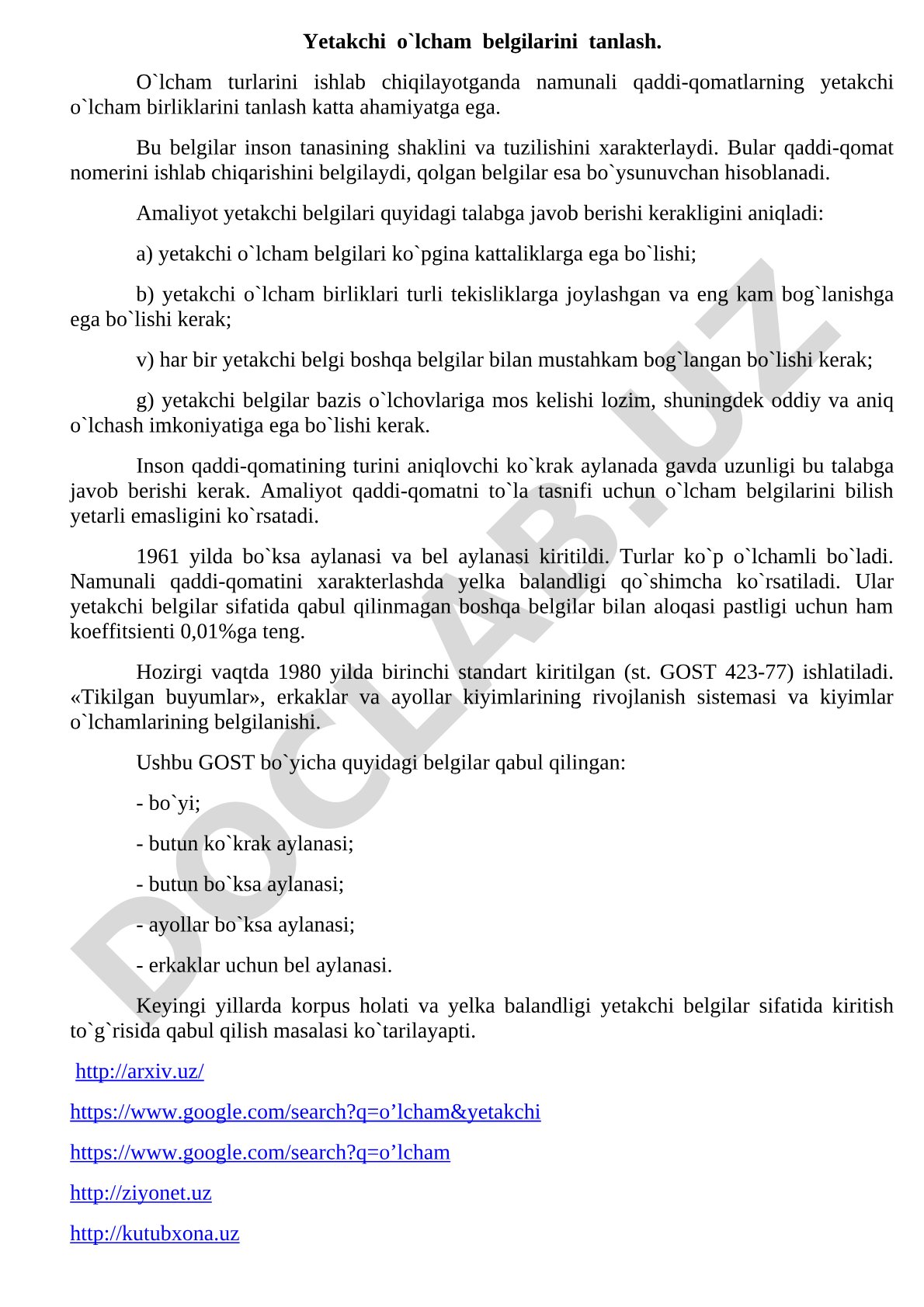 Yetakchi o'lcham belgilarini tanlash