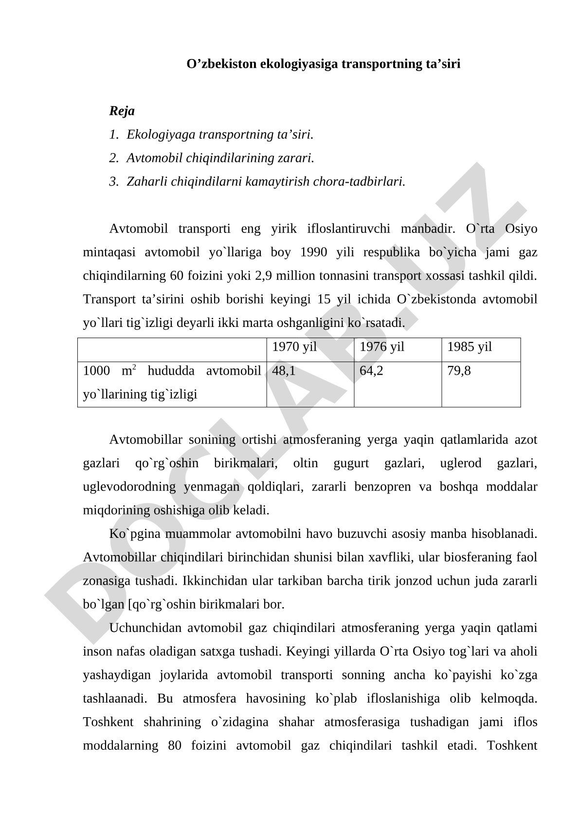 O'zbekiston ekologiyasiga transportning ta'siri