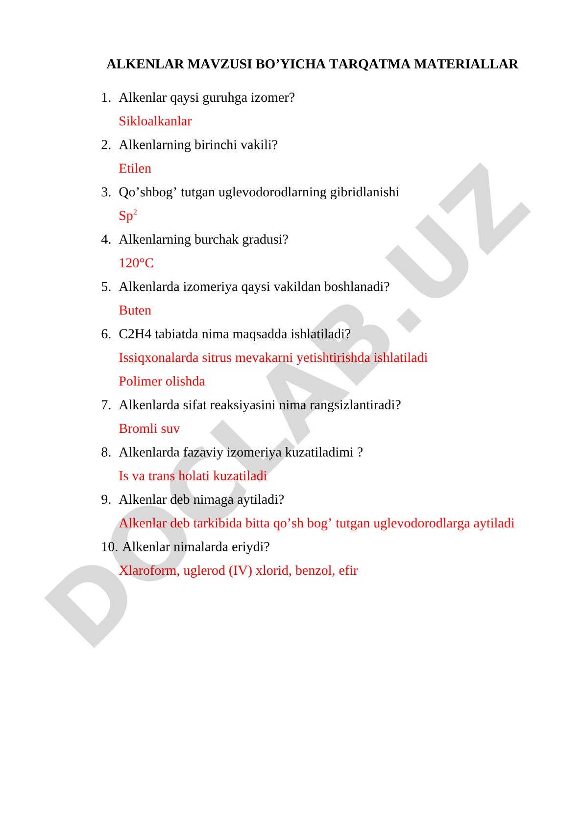 Alkenlar mavzusi bo'yicha tarqatma materiallar