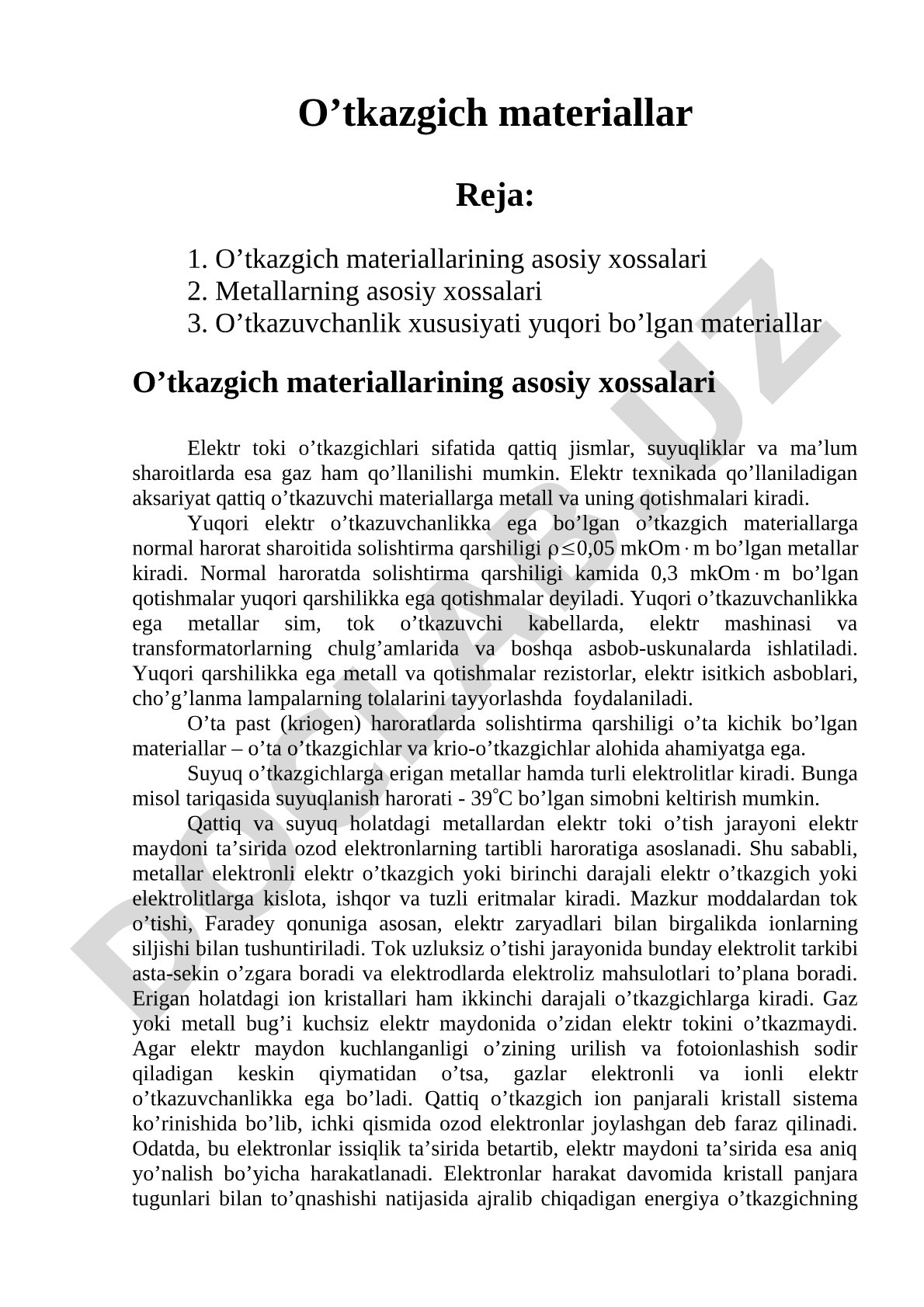 O'tkazgich materiallarining asosiy xossalari