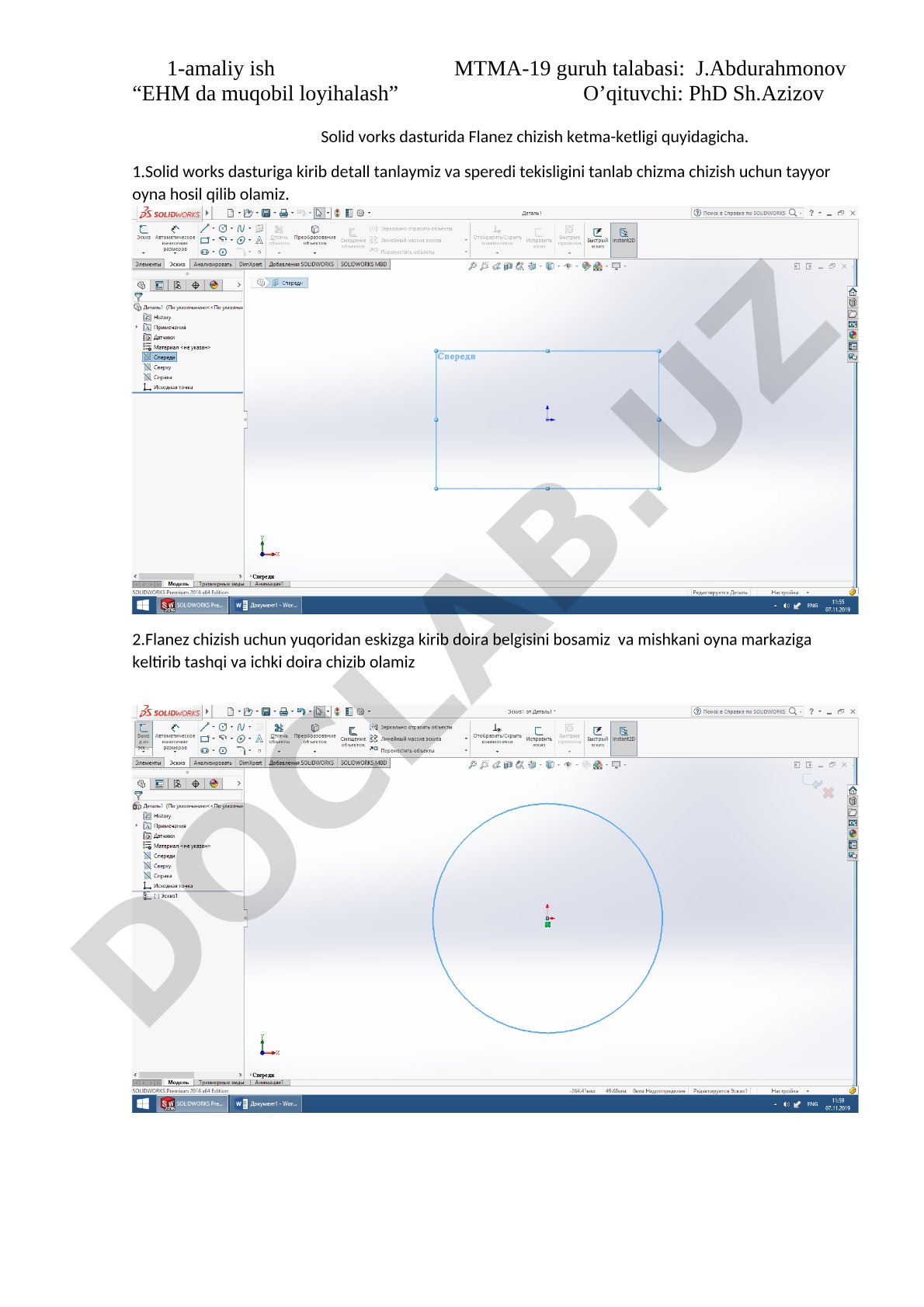 SolidWorks dasturida Flanez chizish ketma-ketligi