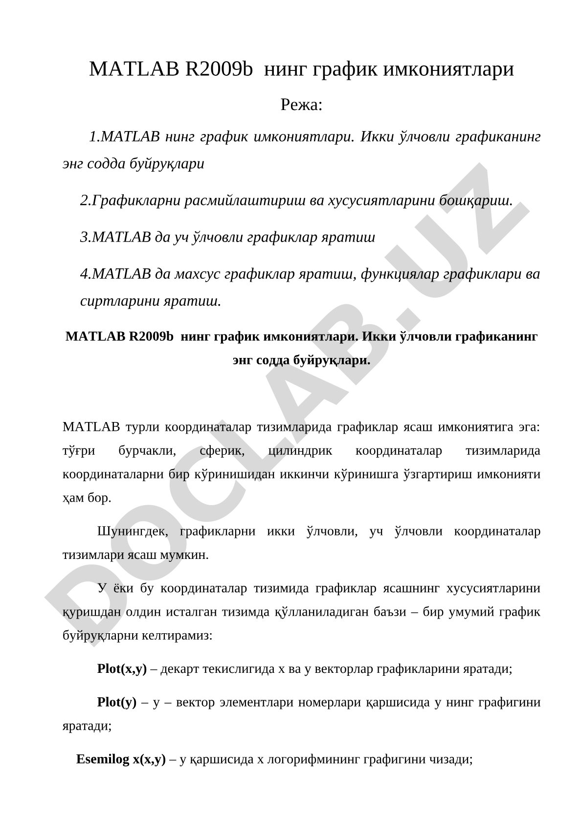 MATLAB R2009b ning grafik imkoniyatlari
