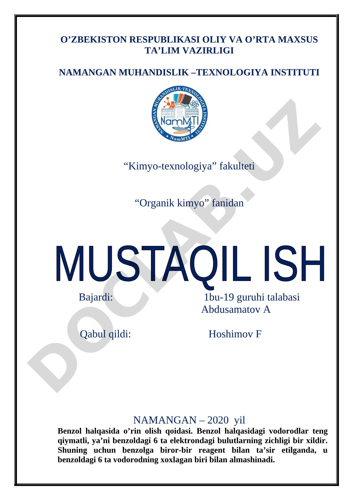 Benzol halqasida o'rin olish qoidasi