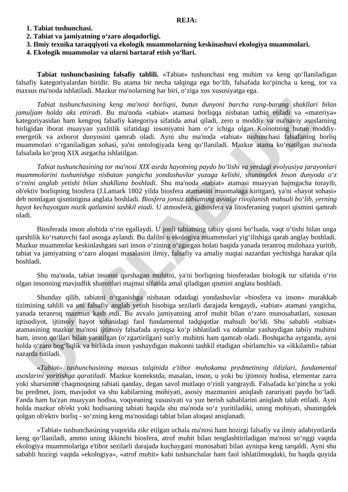 Tabiat va jamiyatning o‘zaro aloqadorligi, ekologik muammolar va ularni bartaraf etish yo‘llari