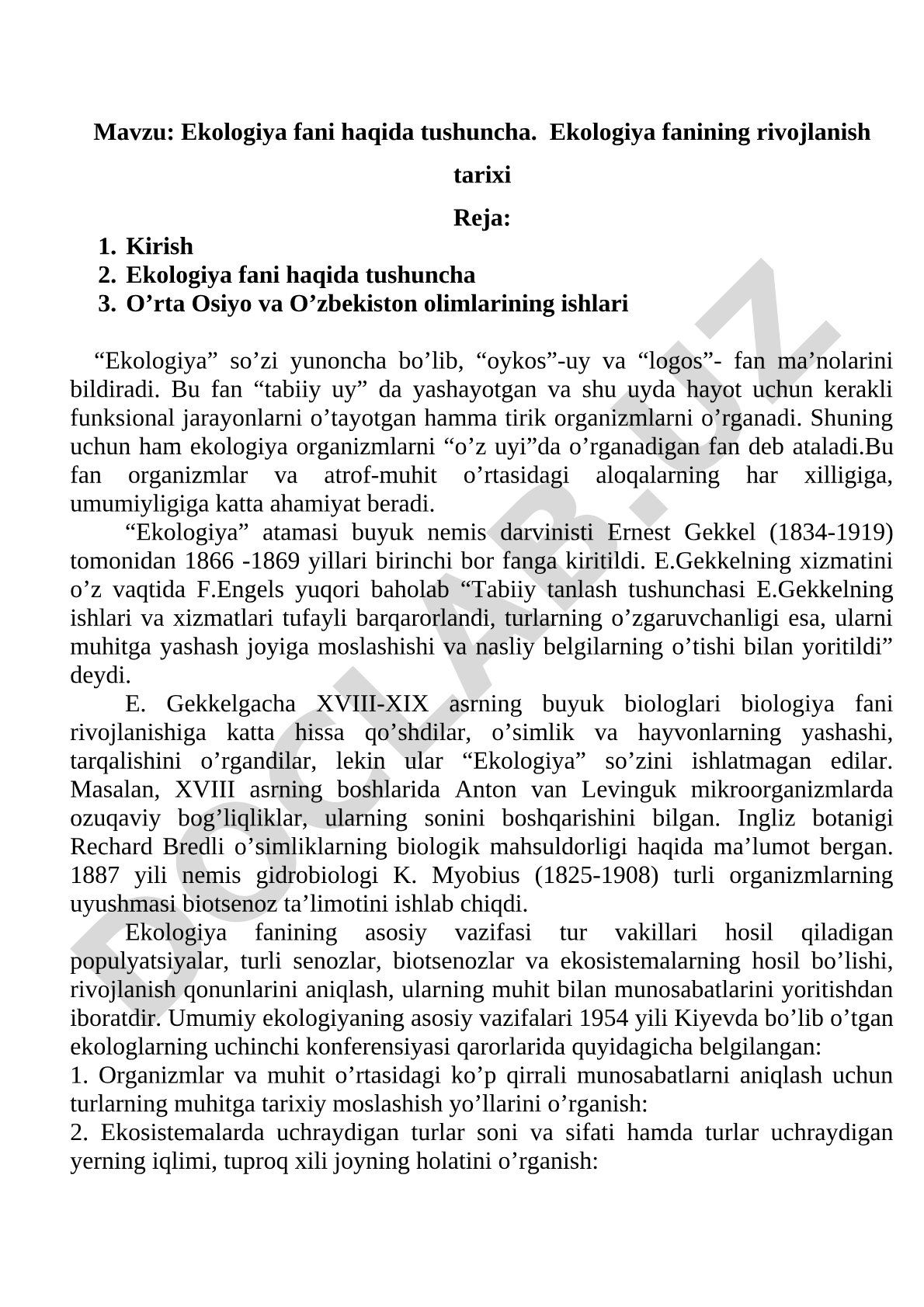 Ekologiya fani haqida tushuncha. Ekologiya fanining rivojlanish tarixi