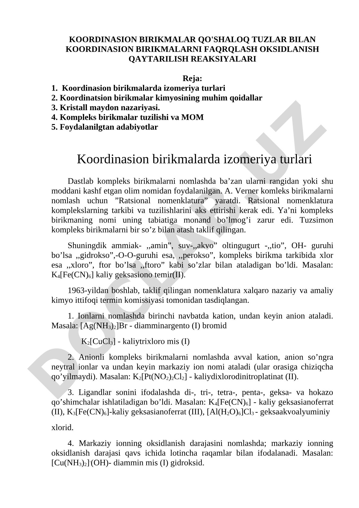Koordinasion birikmalarda izomeriya turlari va kompleks birikmalar kimyosi