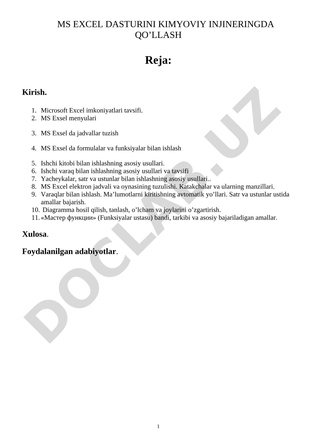MS Excel dasturini kimyoviy injineringda qo'llash