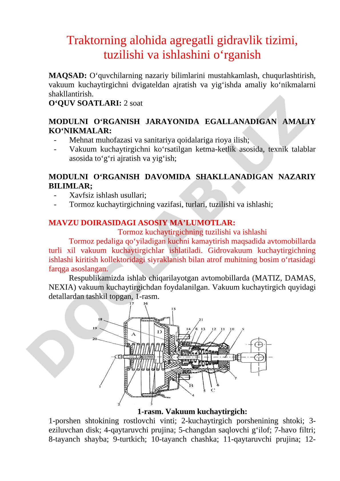 Traktorning alohida agregatli gidravlik tizimi, tuzilishi va ishlashini o‘rganish